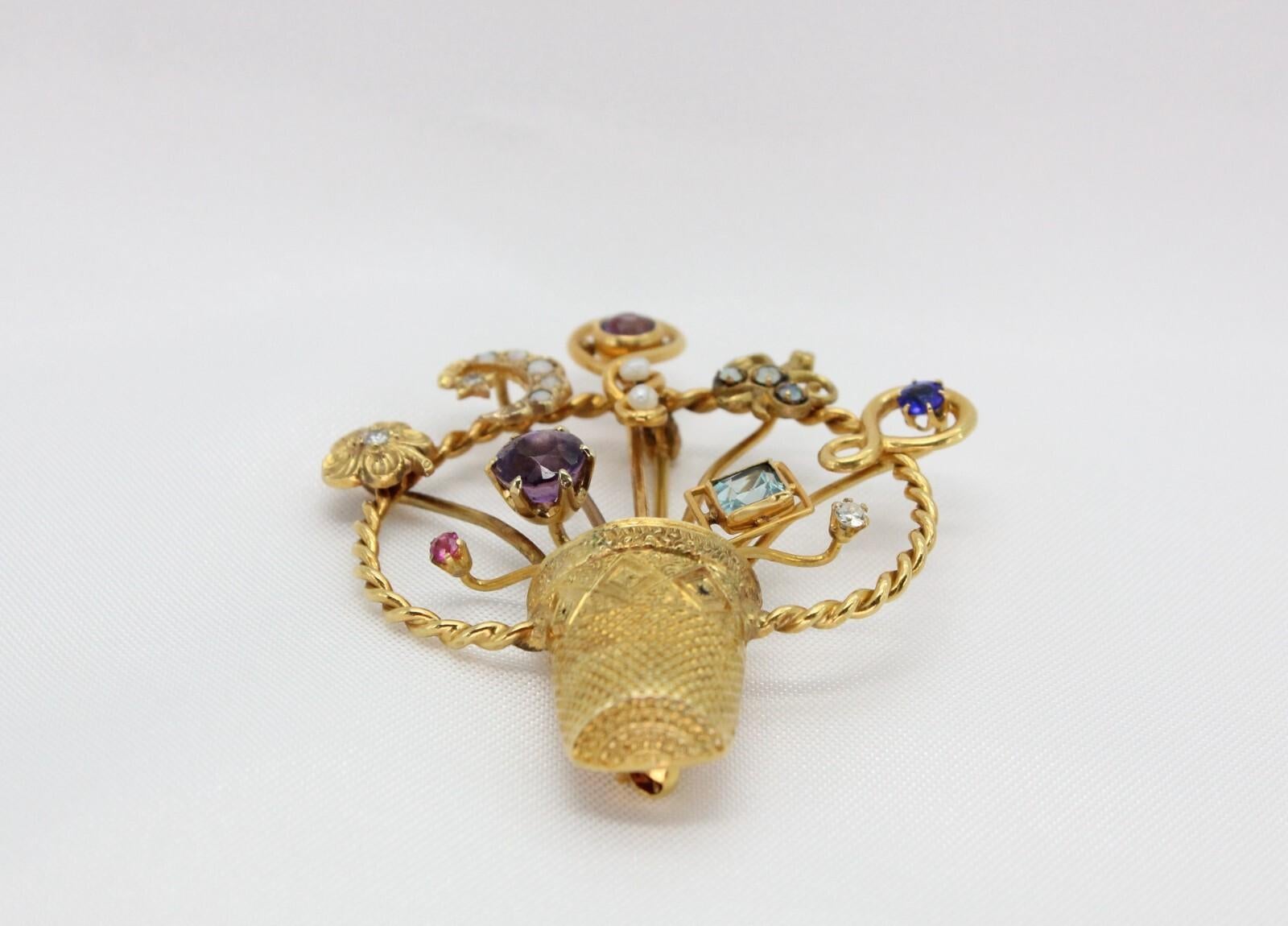 Spilla a cesto in oro giallo 14k d'epoca con pietre preziose - 13.6g in vendita 1