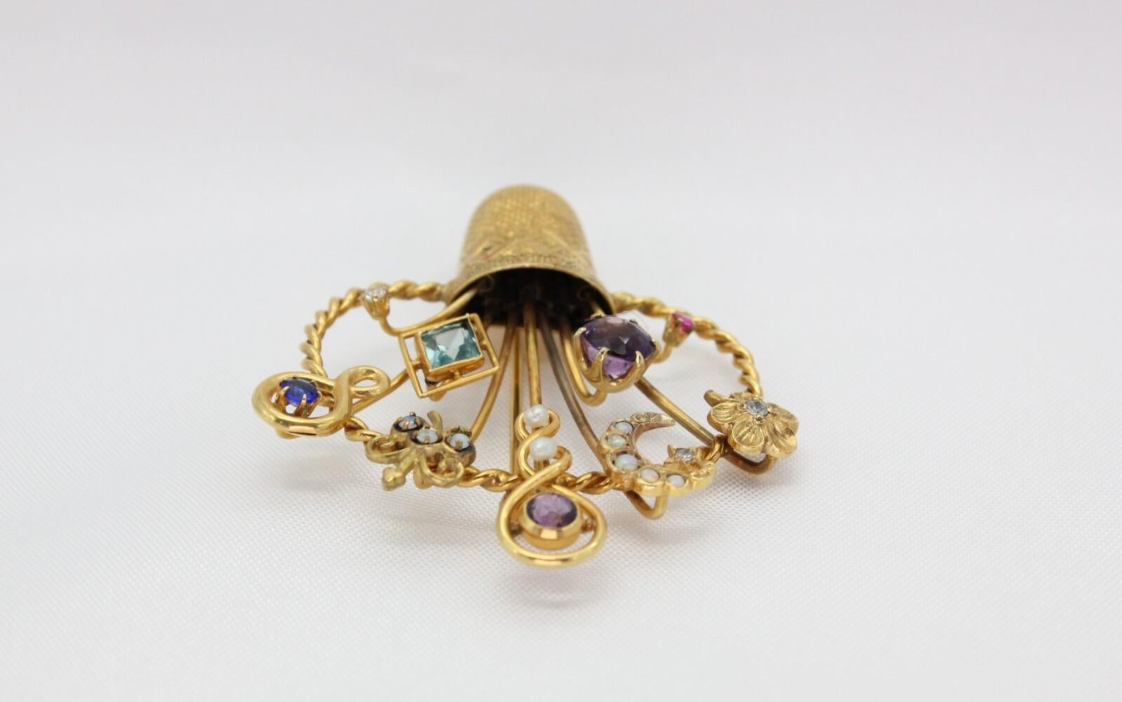Spilla a cesto in oro giallo 14k d'epoca con pietre preziose - 13.6g in vendita 2