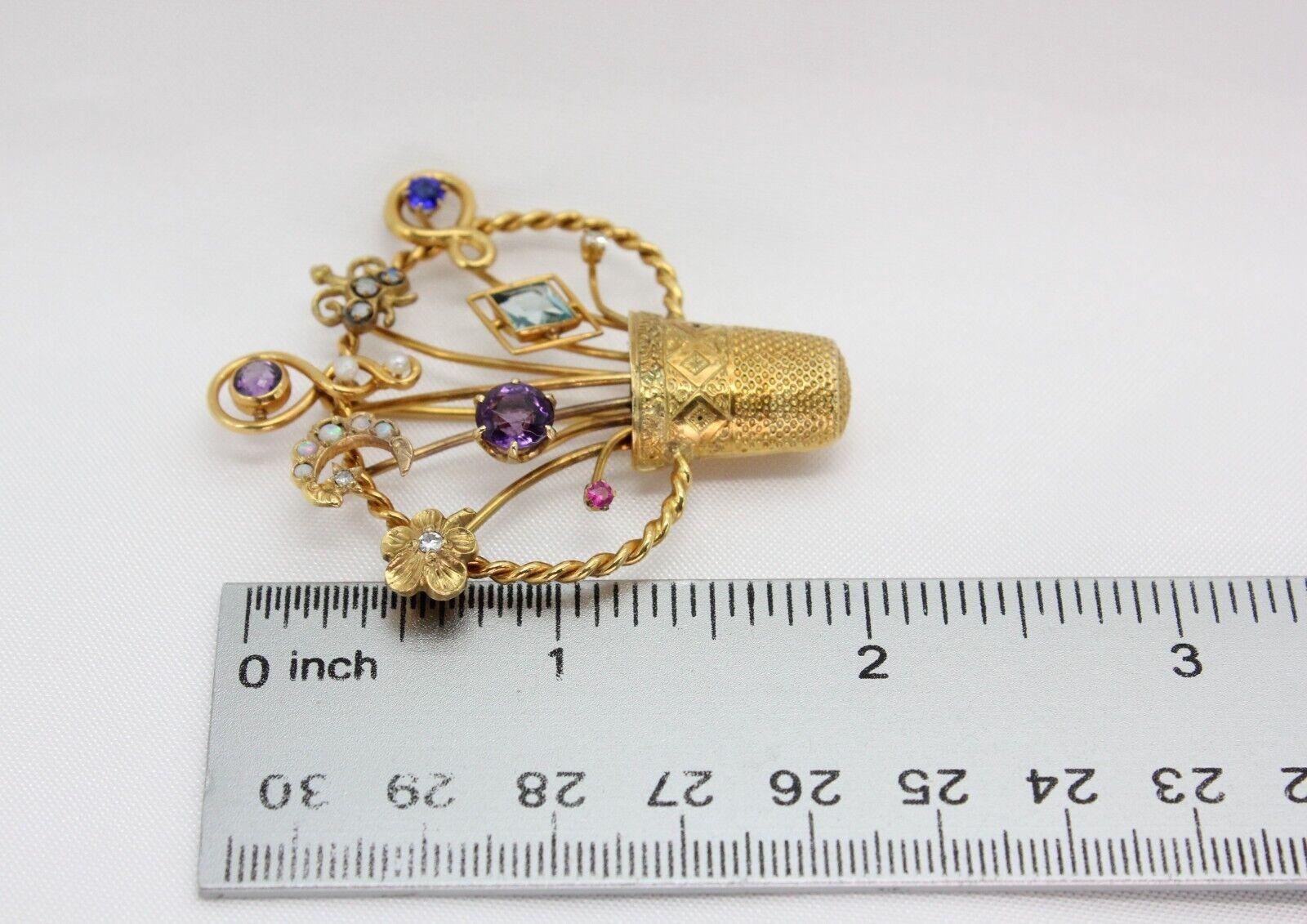 Spilla a cesto in oro giallo 14k d'epoca con pietre preziose - 13.6g in vendita 3