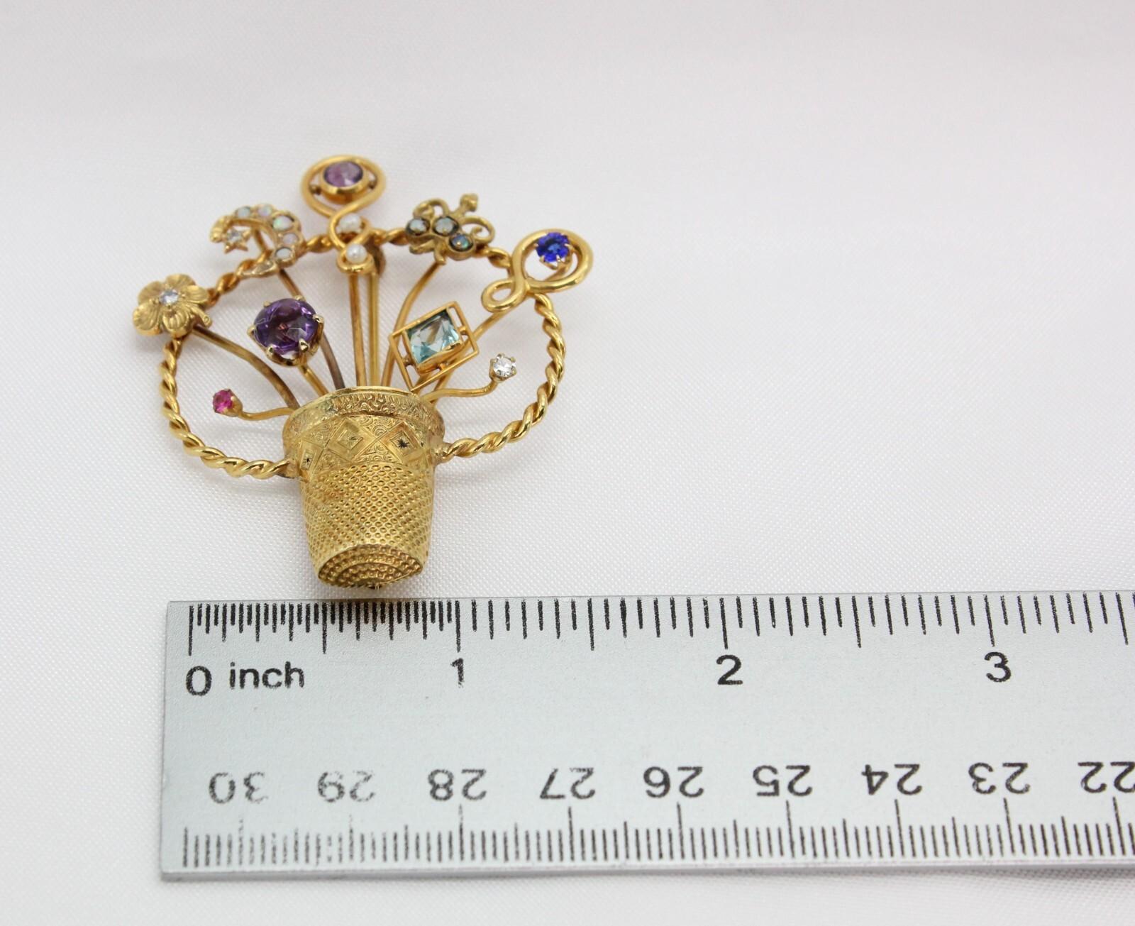 Spilla a cesto in oro giallo 14k d'epoca con pietre preziose - 13.6g in vendita 4