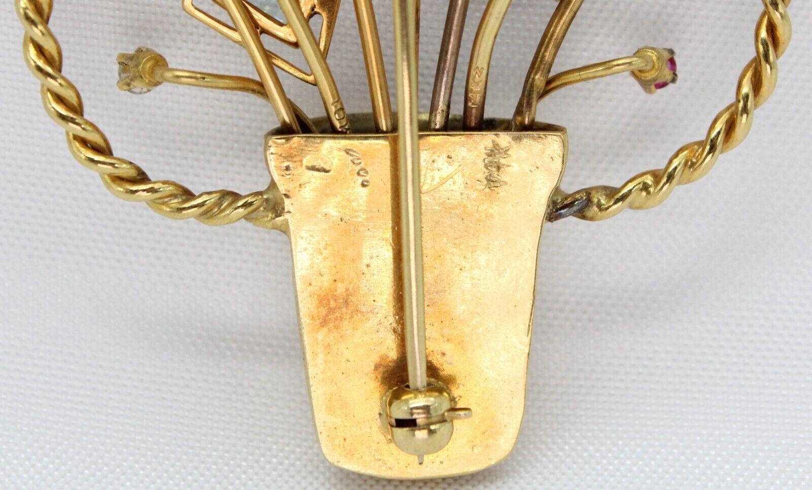 Spilla a cesto in oro giallo 14k d'epoca con pietre preziose - 13.6g in vendita 5