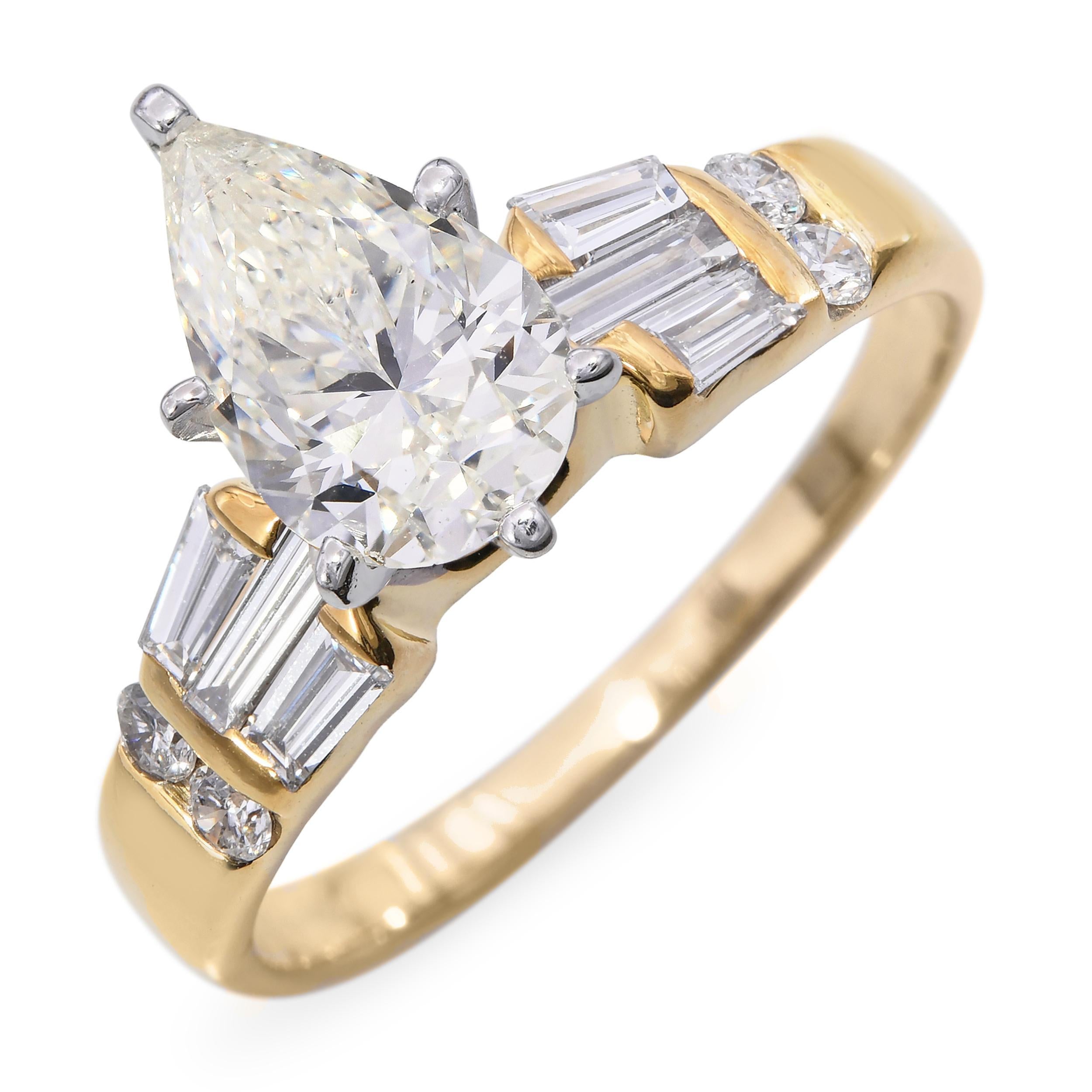 Vintage 14k Gelbgold GIA 1,26ct F SI1 Birnenförmiger Diamantring GIA im Zustand „Gut“ im Angebot in New York, NY