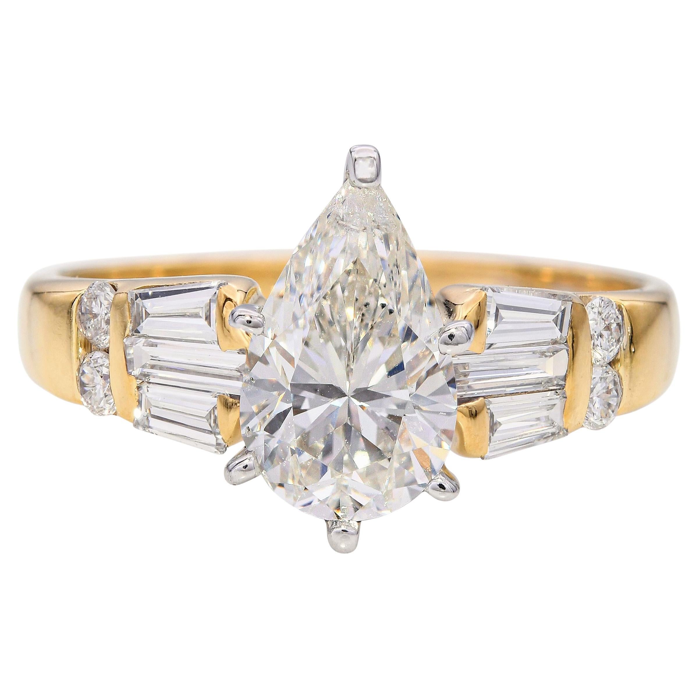 Vintage 14k Yellow Gold GIA 1.26ct F SI1 Pear Shaped Diamond Ring GIA