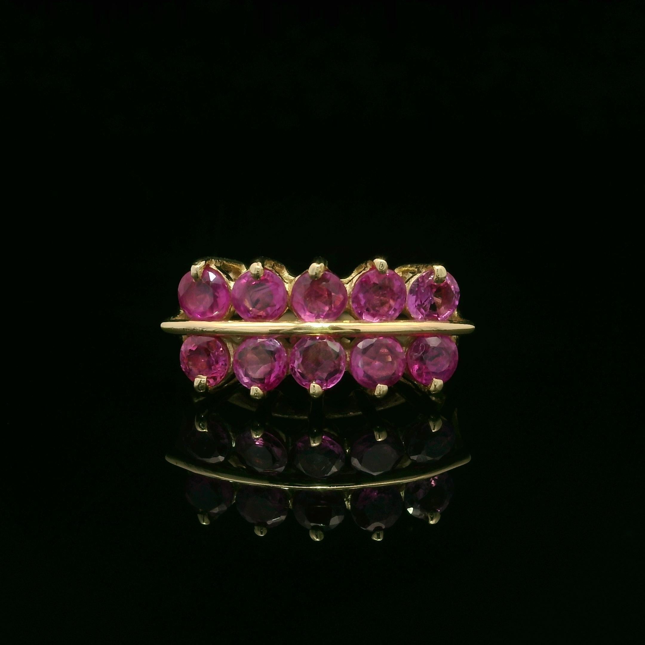 Vintage 14k Yellow Gold GIA 2ctw No Heat Burma Pink Sapphire 2 Row Band Ring For Sale 5