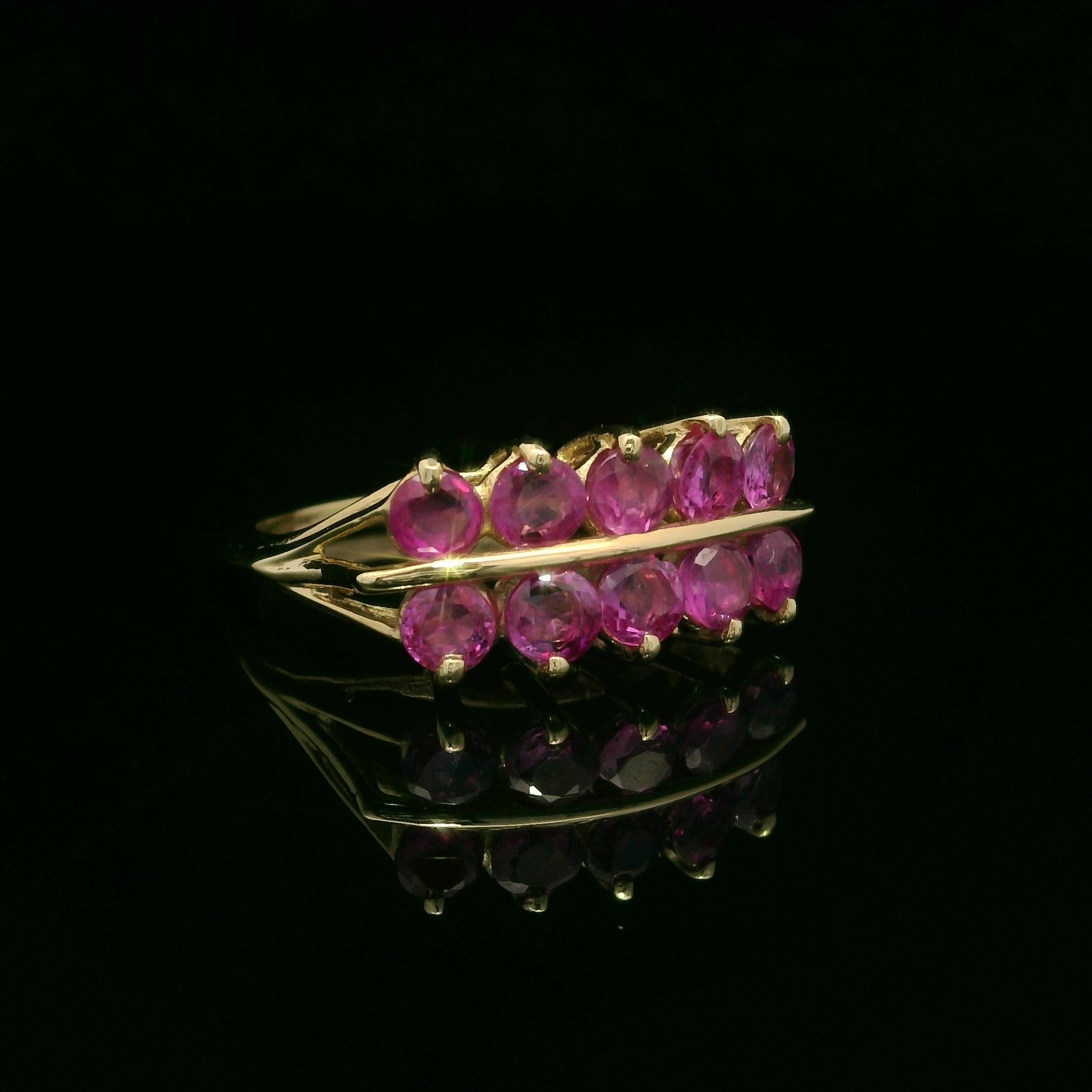 Vintage 14k Yellow Gold GIA 2ctw No Heat Burma Pink Sapphire 2 Row Band Ring For Sale 6