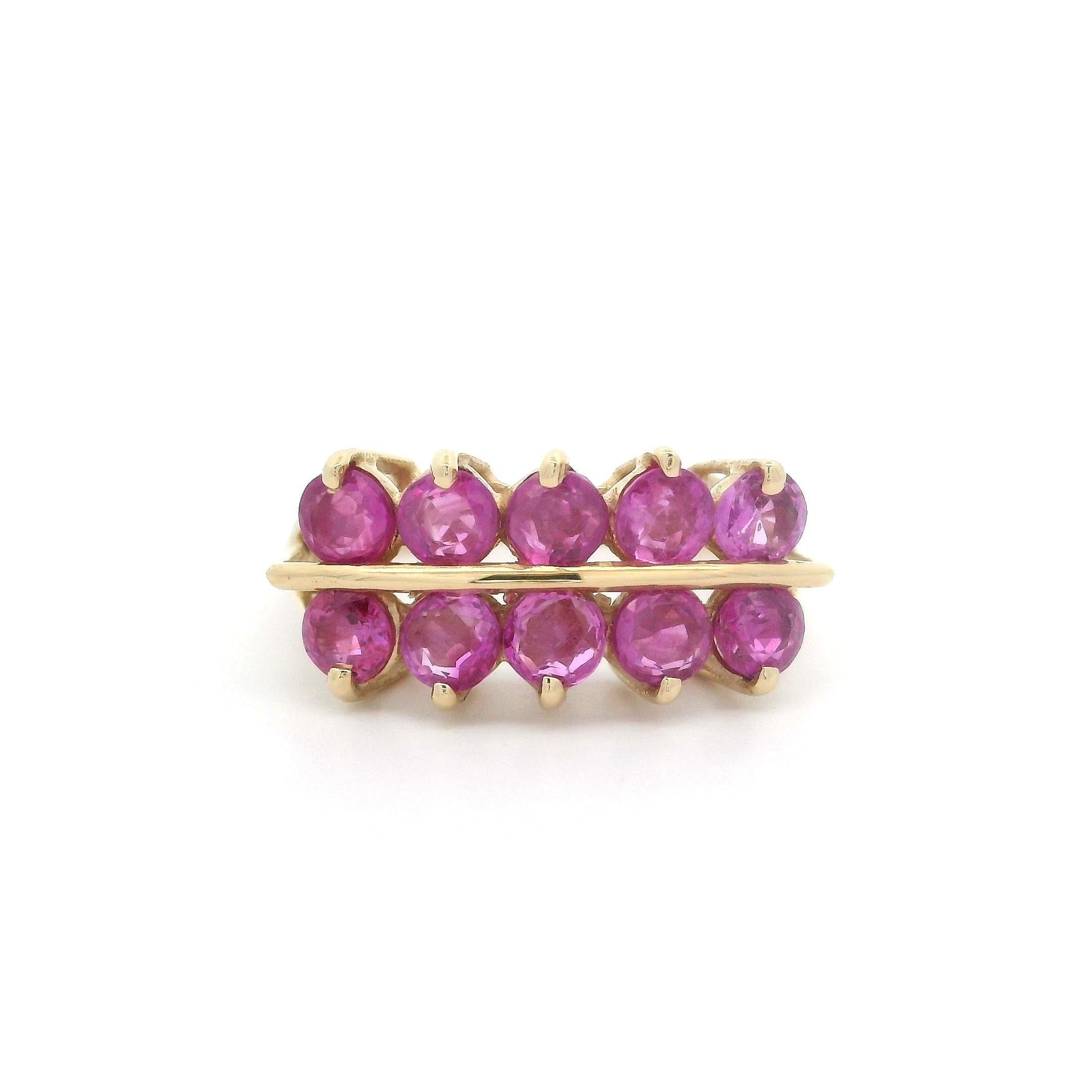 Vintage 14k Yellow Gold GIA 2ctw No Heat Burma Pink Sapphire 2 Row Band Ring For Sale 7