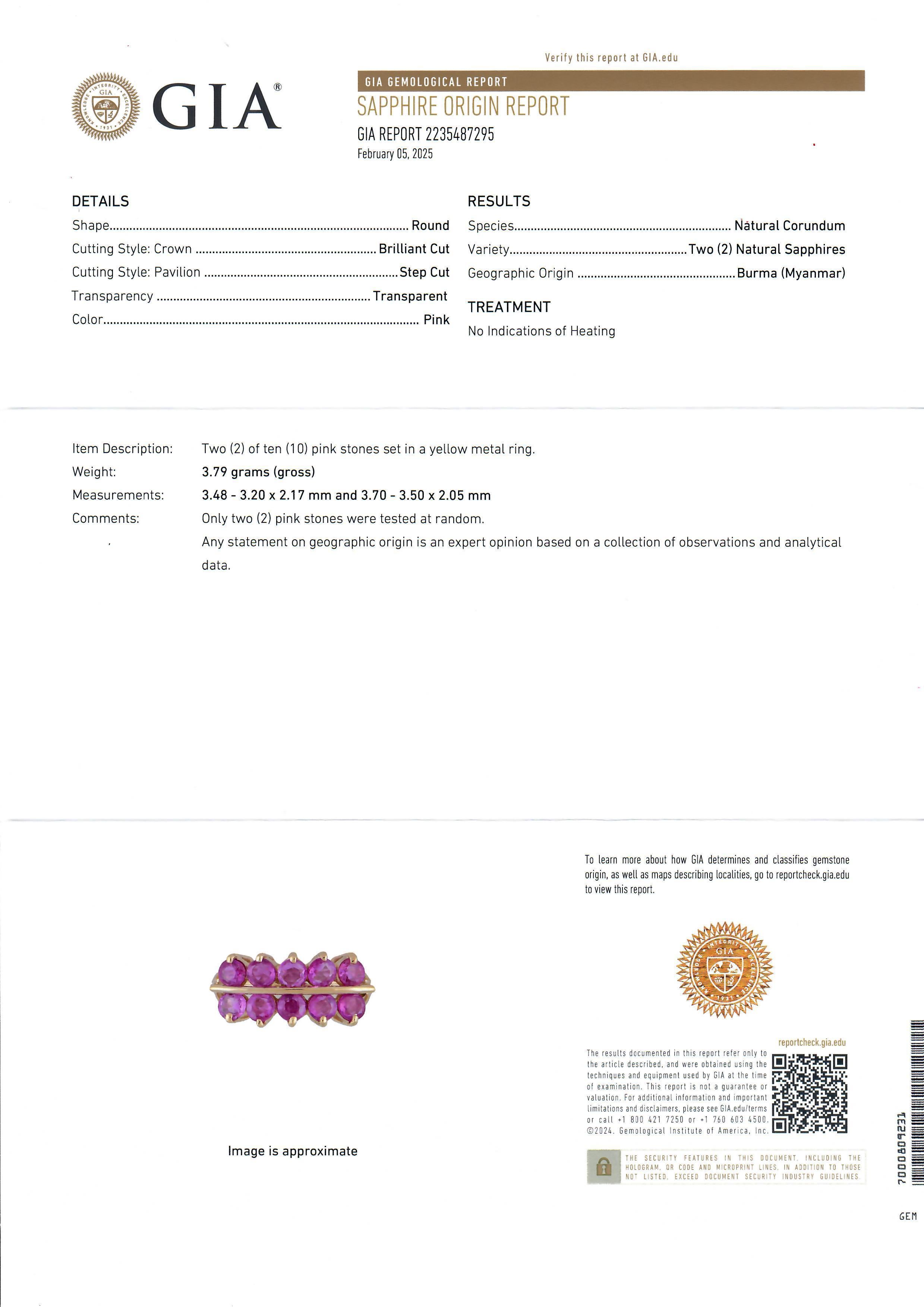 --Stone(s):--
(10) Natural Genuine Sapphires - Old Round Step Cut - Prong & Channel Set - Pink Color - No Heat - Burma - 2ctw (approx. based on certification measurements)
** See Certification Details Below for Complete Info **
Total Carat Weight: 