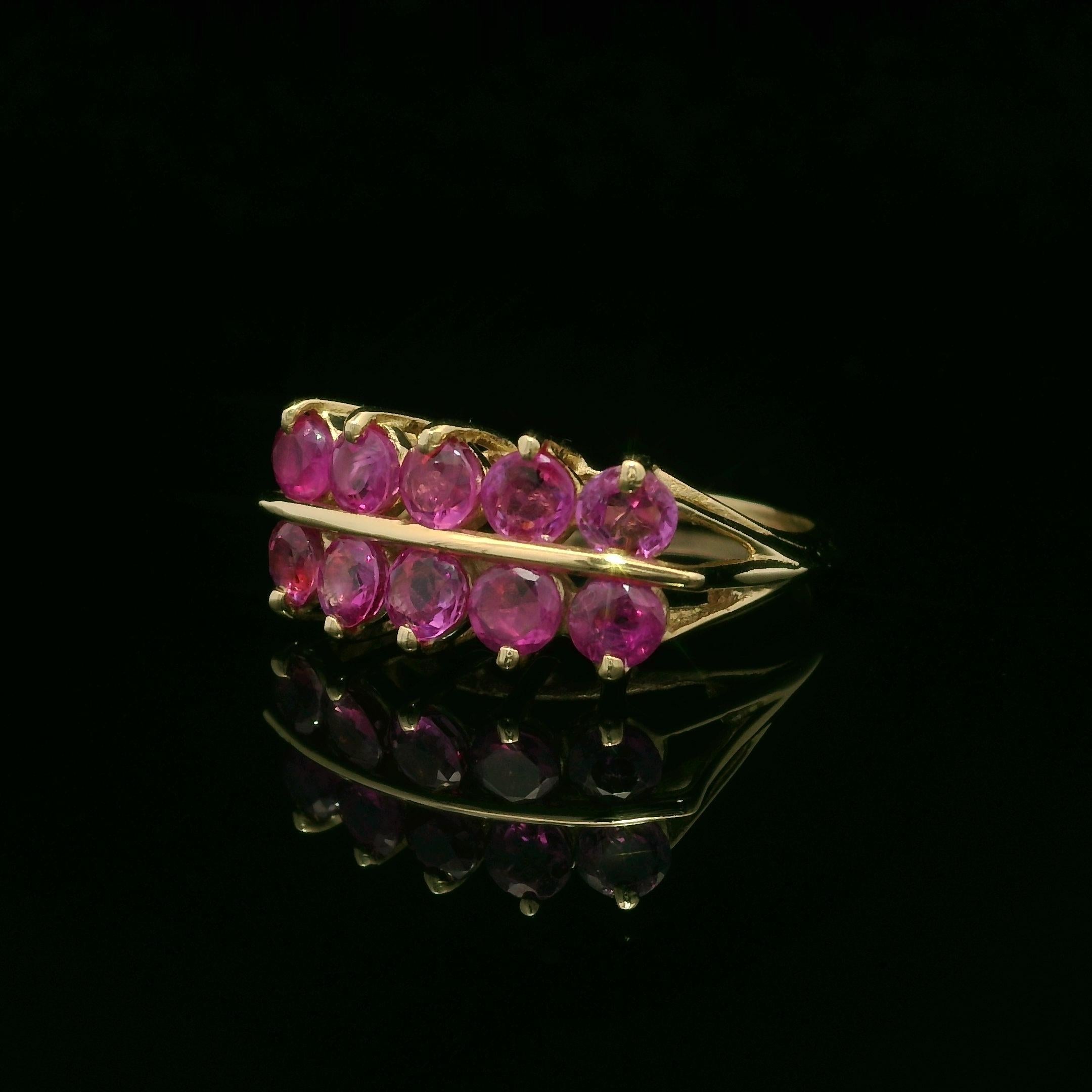 Round Cut Vintage 14k Yellow Gold GIA 2ctw No Heat Burma Pink Sapphire 2 Row Band Ring For Sale
