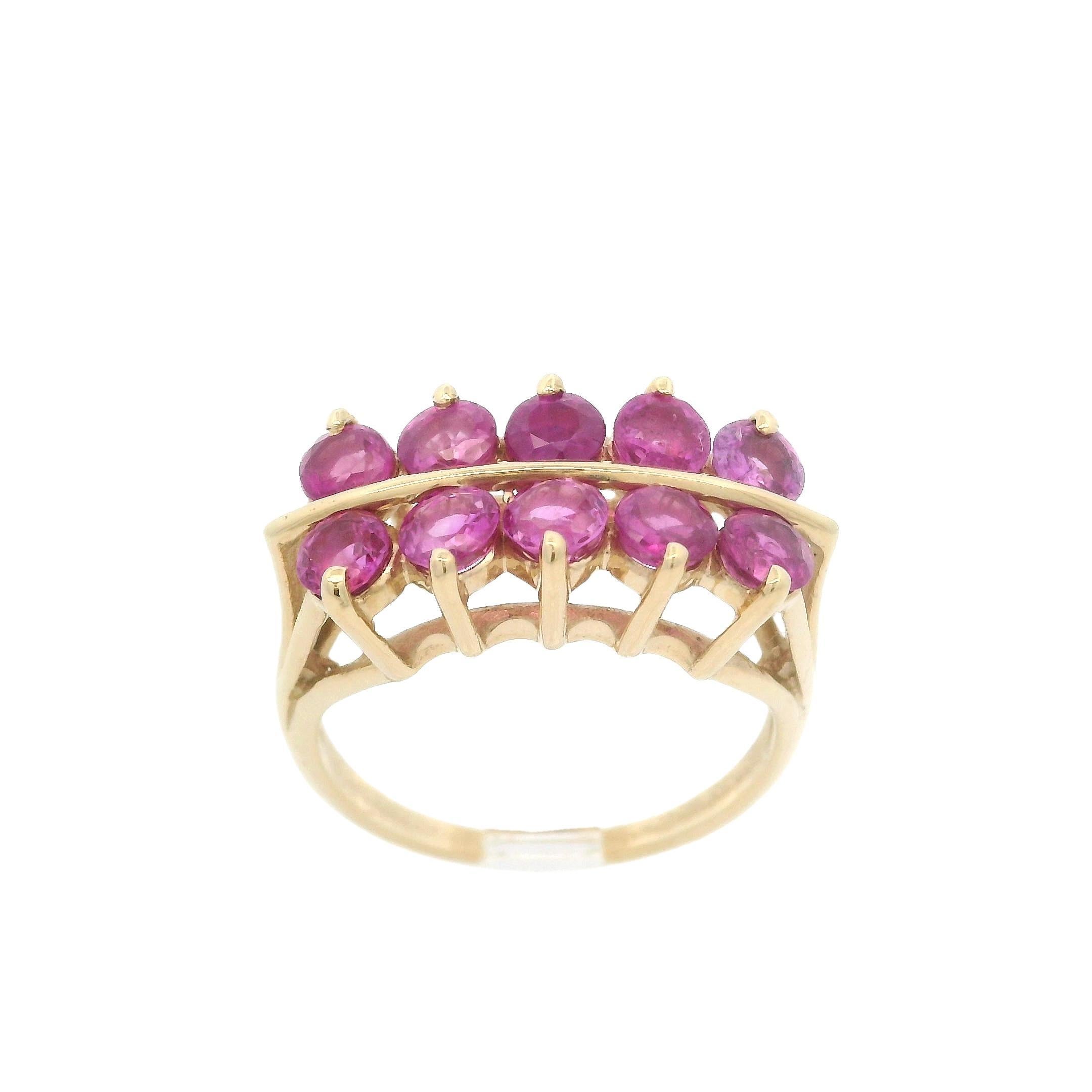 Vintage 14k Yellow Gold GIA 2ctw No Heat Burma Pink Sapphire 2 Row Band Ring For Sale 3