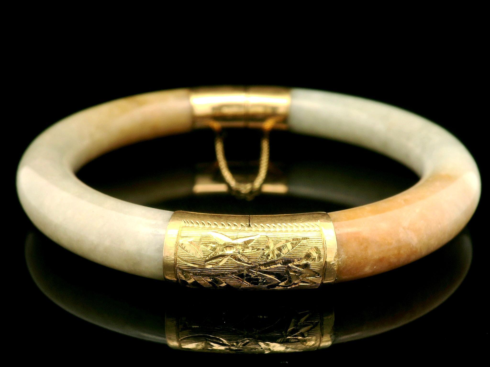 --Stone(s):--
(2) Natural Genuine Jade - Arc Shape Segment - Mottled Greenish Gray Light Brown Color - 74.84x9.03mm (exact - certified)
** See Certification Details Below for Complete Info **

Material: Solid 14k Yellow Gold w/ 10k Yellow Gold