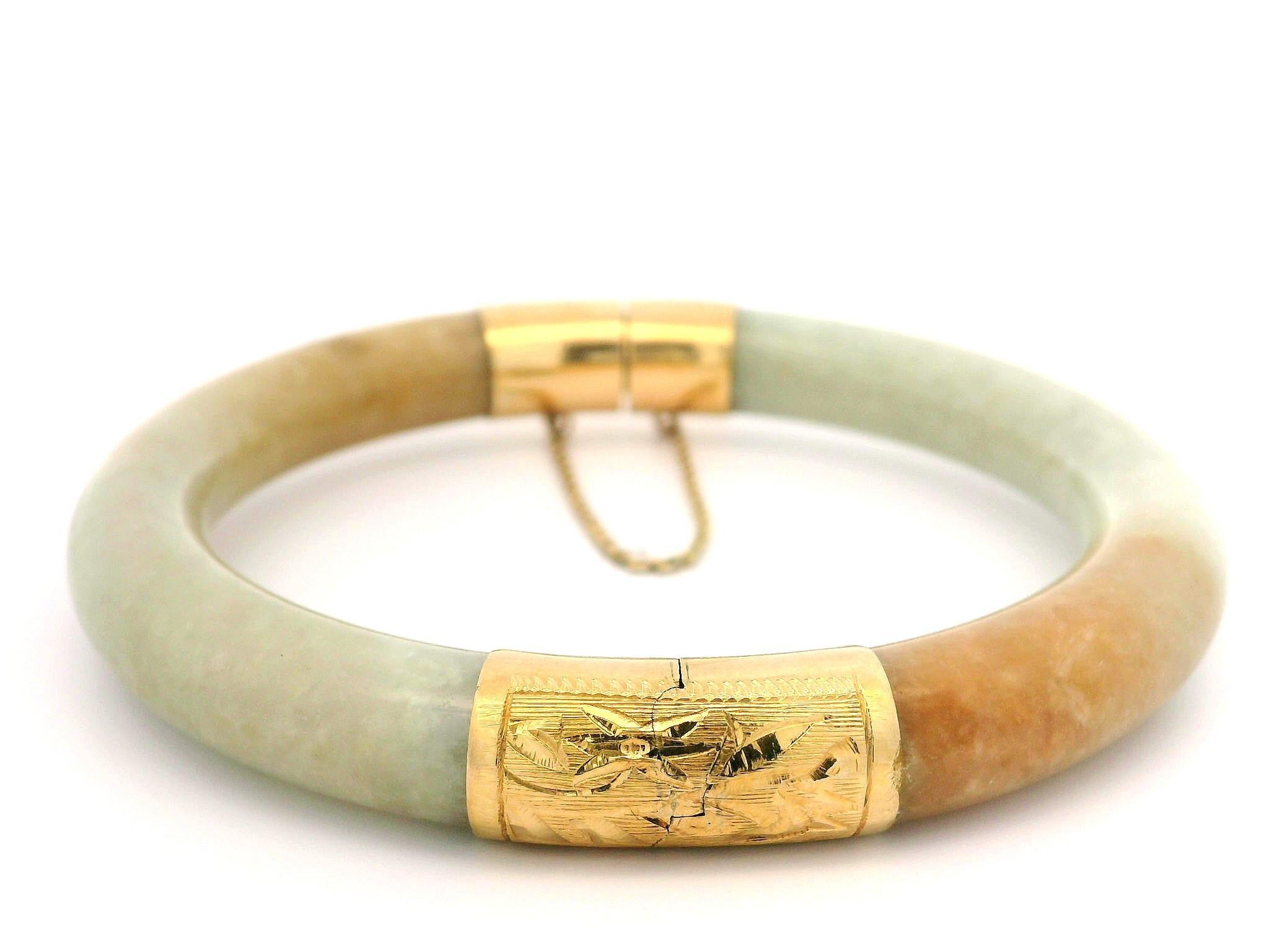 Vintage 14k Yellow Gold GIA Arc Jade Hand Engraved Hinged Bangle Bracelet 1