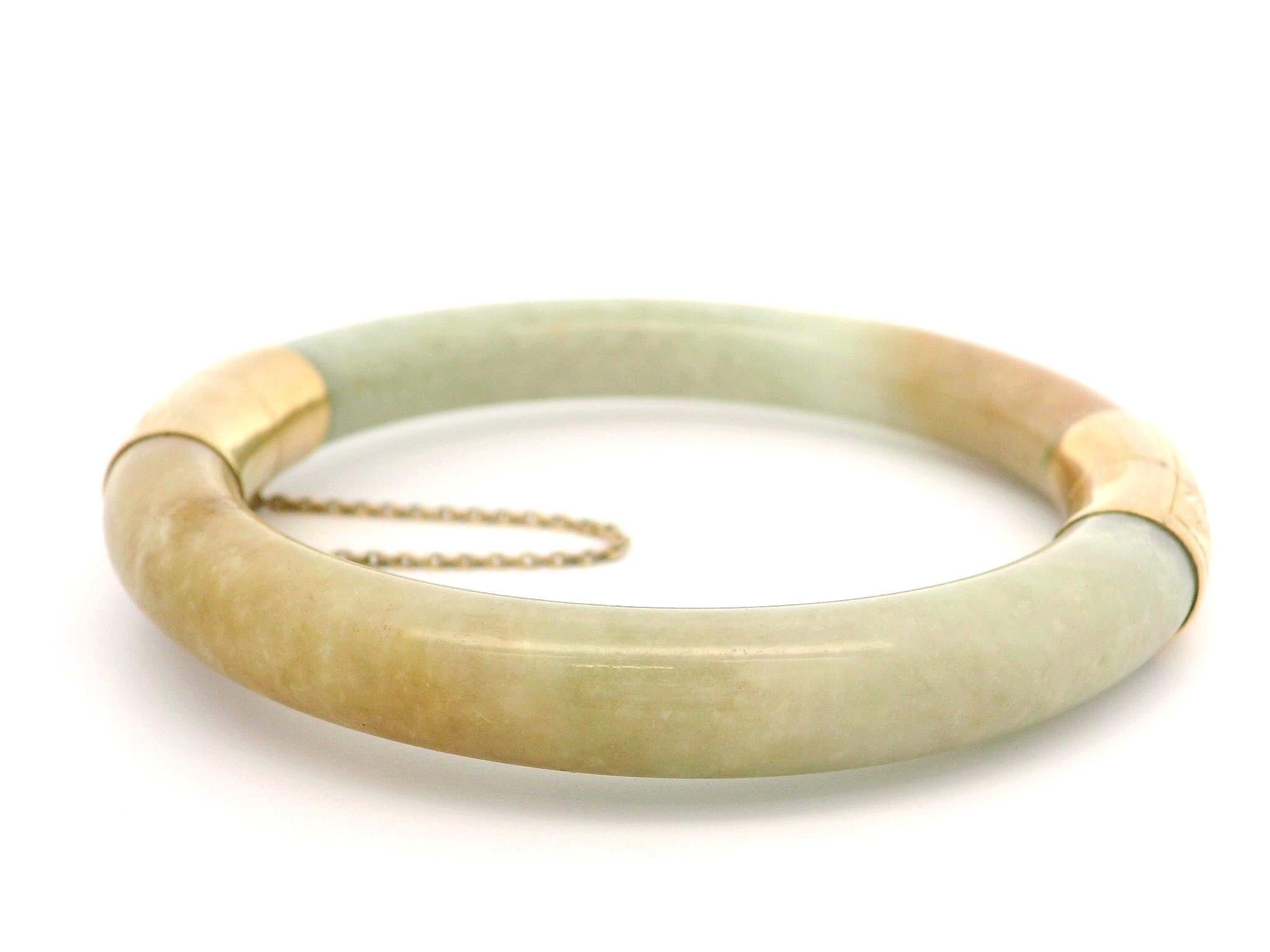 Vintage 14k Yellow Gold GIA Arc Jade Hand Engraved Hinged Bangle Bracelet 2