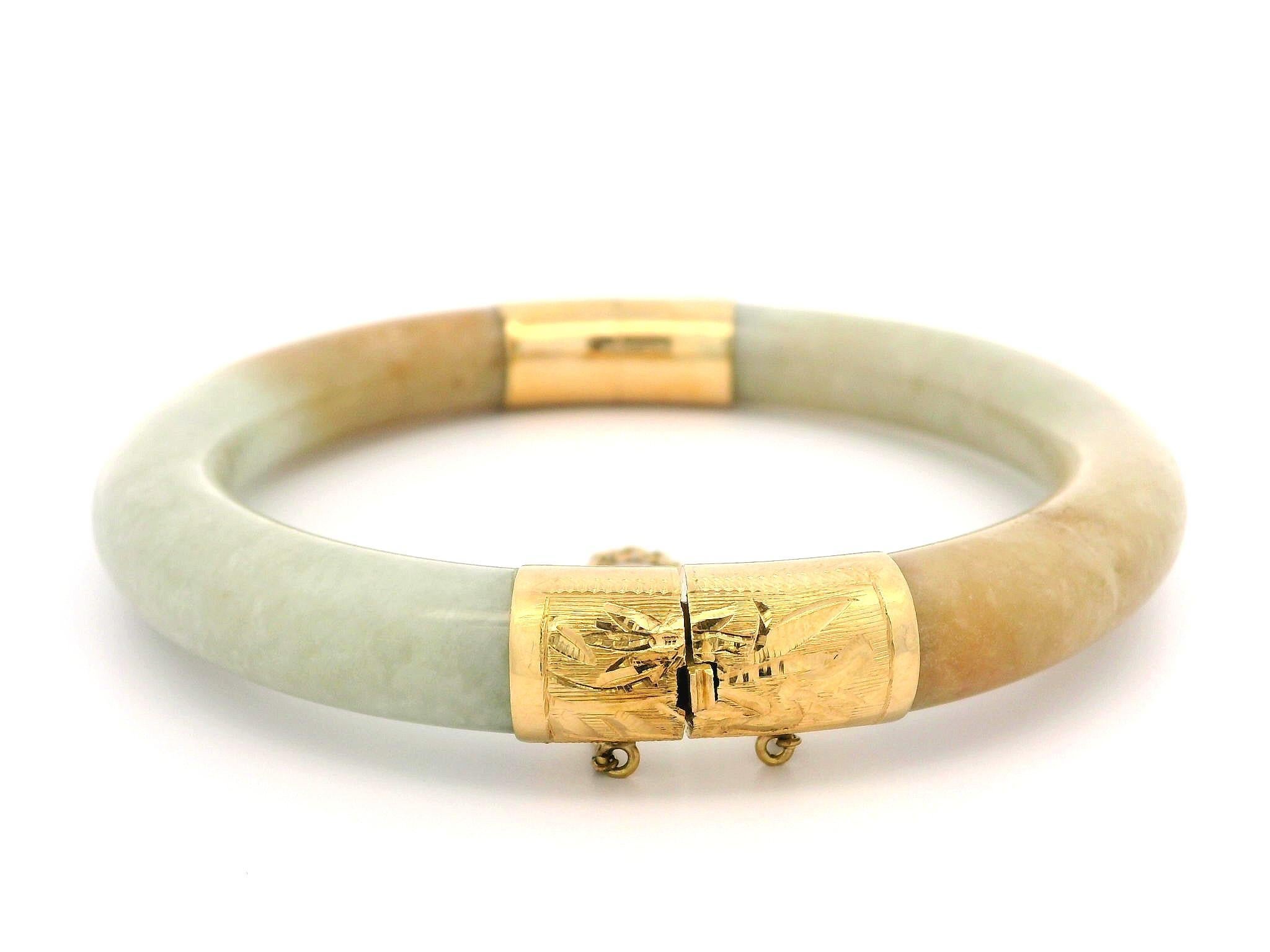 Vintage 14k Yellow Gold GIA Arc Jade Hand Engraved Hinged Bangle Bracelet 4