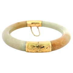 Vintage 14k Yellow Gold GIA Arc Jade Hand Engraved Hinged Bangle Bracelet