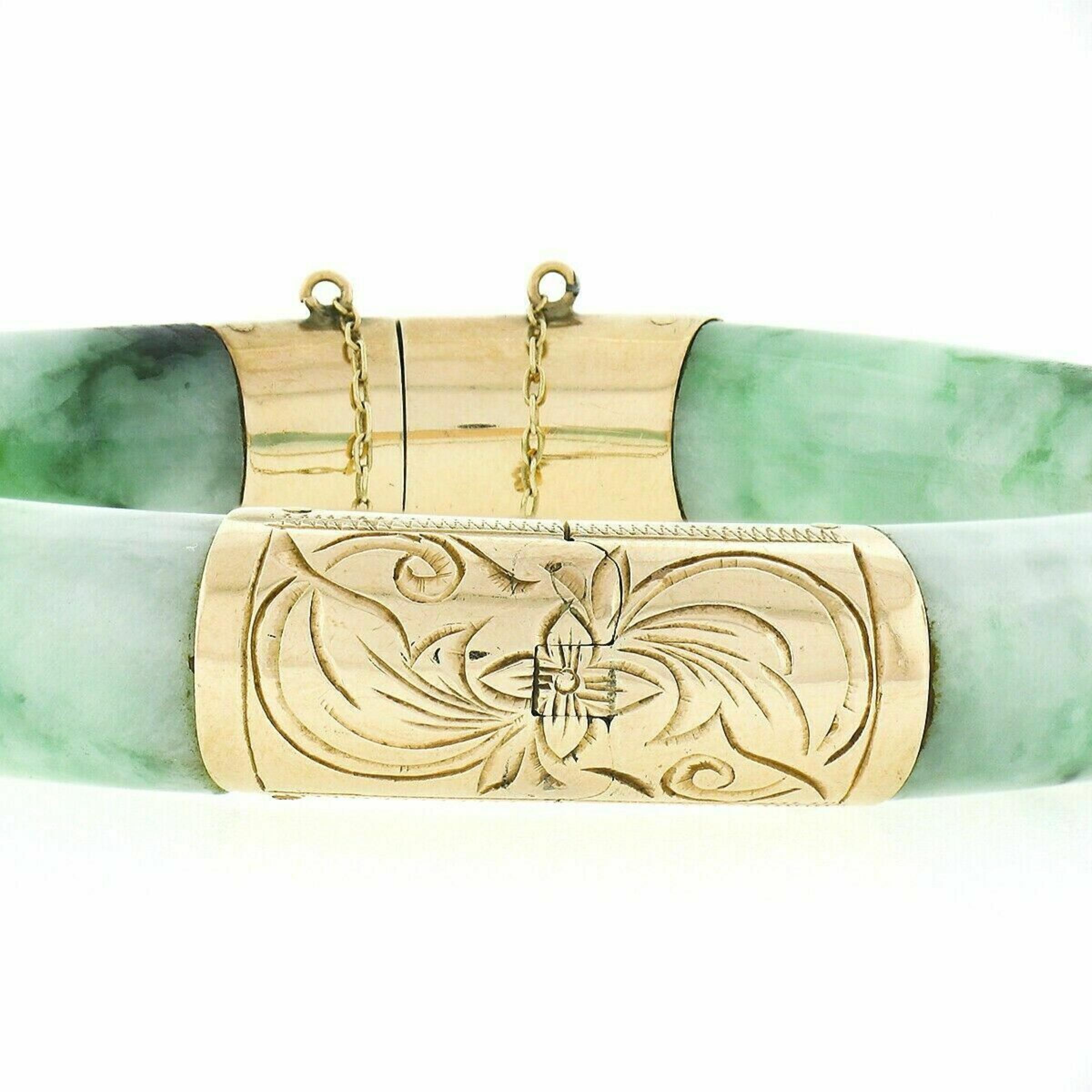 Vintage 14k Yellow Gold GIA Arc Shape Mottled Green Jadeite Jade Bangle Bracelet In Good Condition In Montclair, NJ