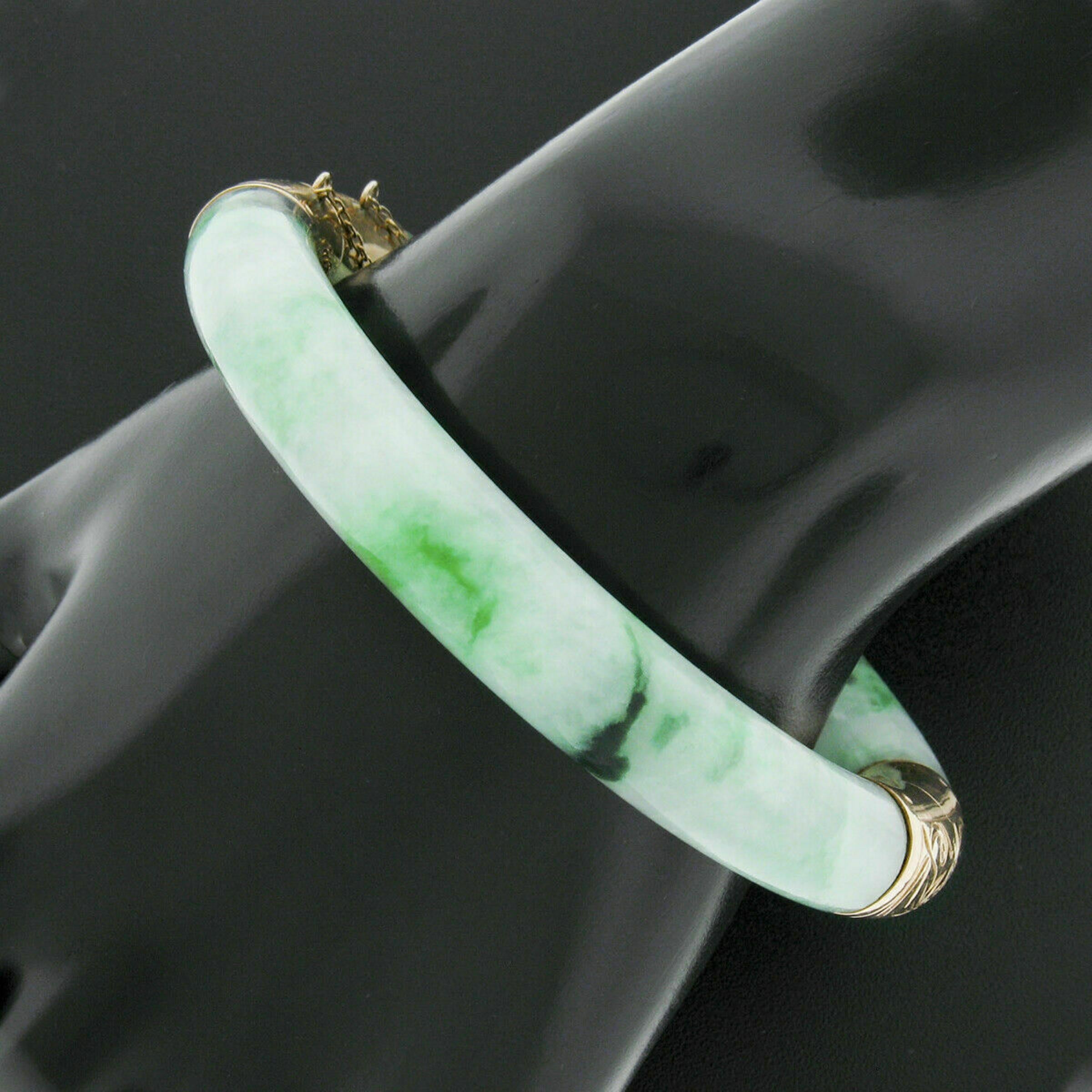 Women's or Men's Vintage 14k Yellow Gold GIA Arc Shape Mottled Green Jadeite Jade Bangle Bracelet