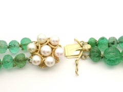Vintage 14k Yellow Gold GIA Carved Bead Emerald & Pearl 15" Dual Strand Necklace