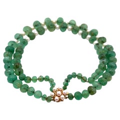Vintage 14k Yellow Gold GIA Carved Bead Emerald & Pearl 15" Dual Strand Necklace