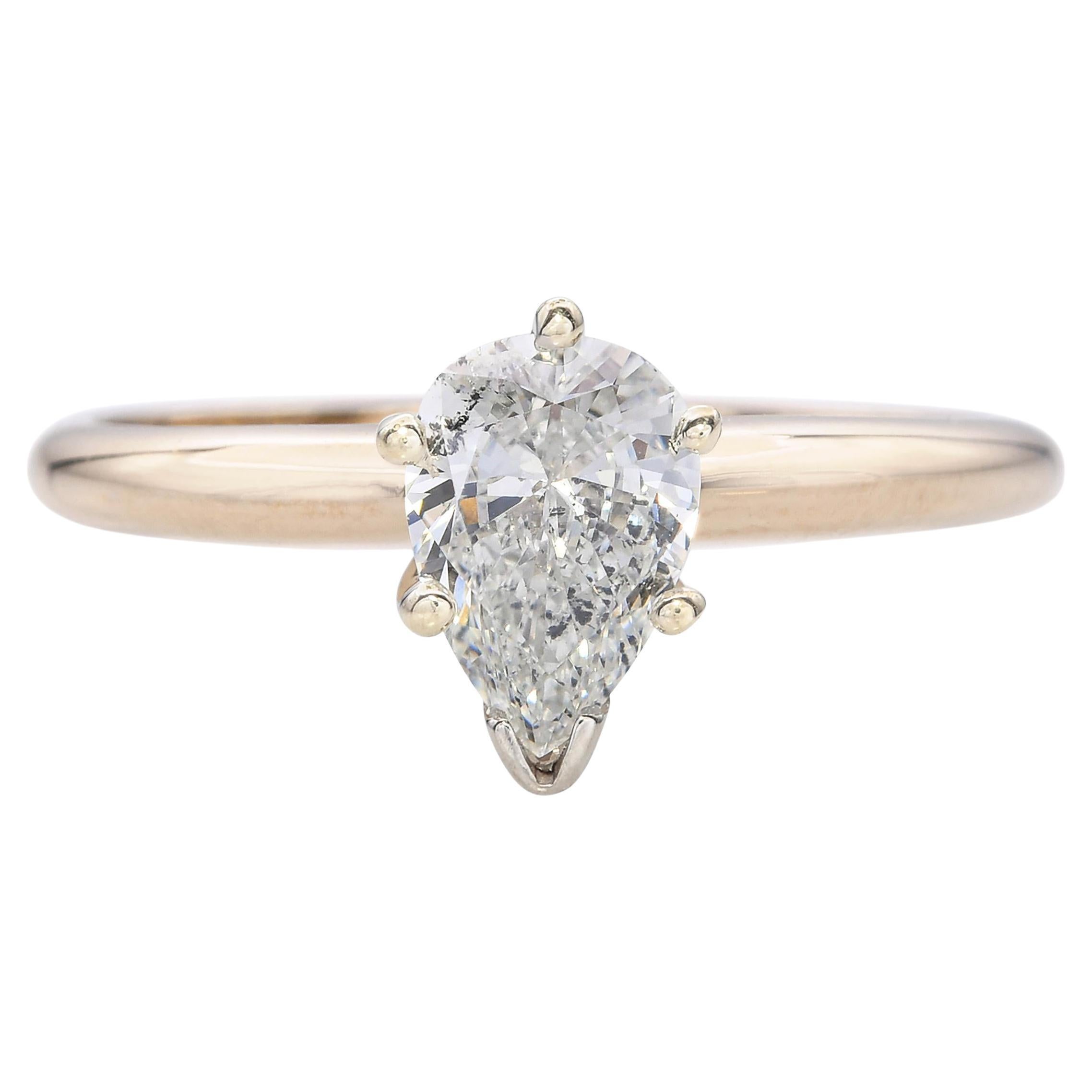 Anello vintage con diamante a pera in oro giallo 14k GIA H I1 0.65ct