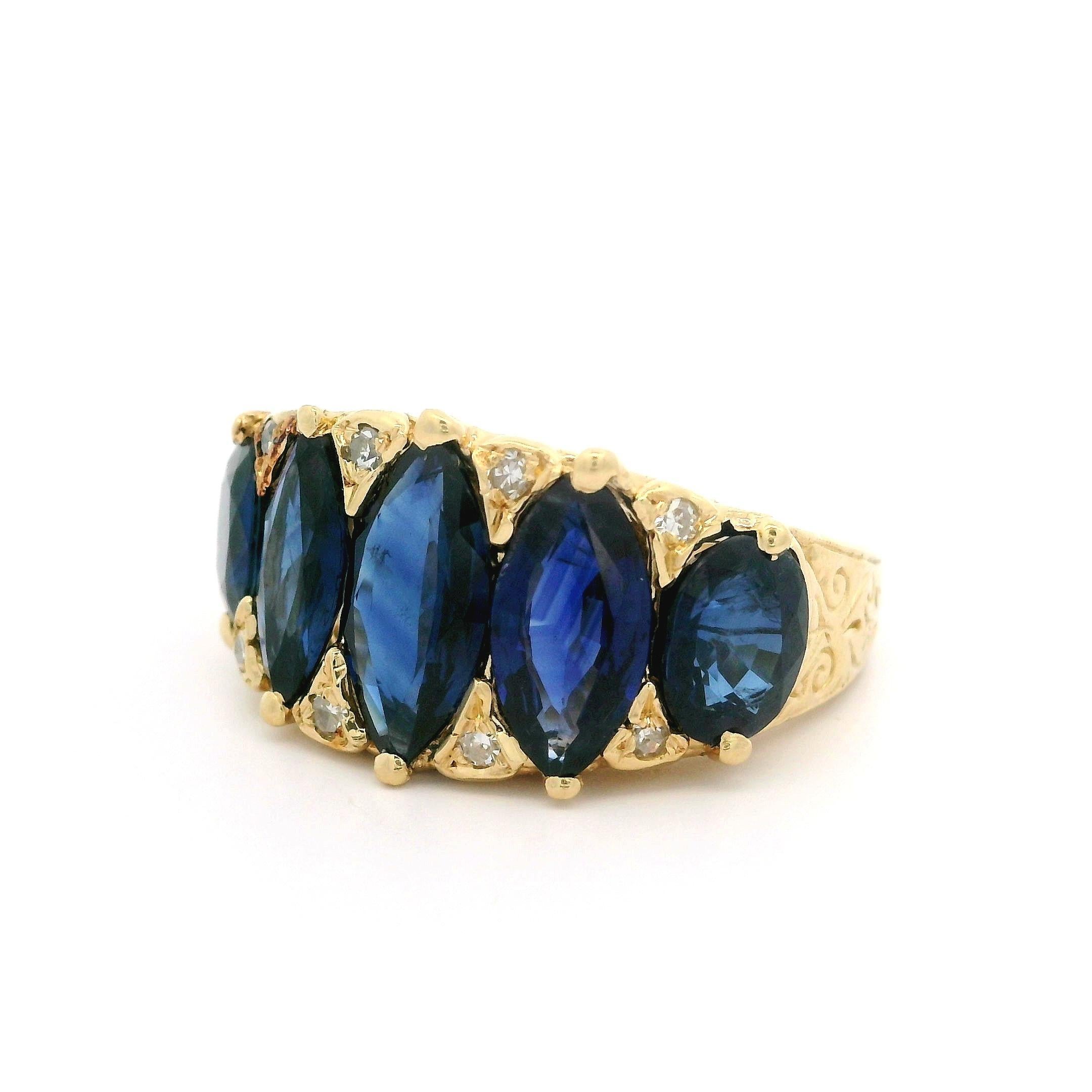 MUST SEE IN PERSON - INCREDIBLE SAPPHIRES!
--Stone(s):--
(5) Natural Genuine Sapphire - 3 Marquise Cut & 2 Oval Cut - Prong Set - Royal Blue Color - 3.29ct (approx.)
*See Certification Details Below For More Information*
(8) Natural Genuine Diamonds