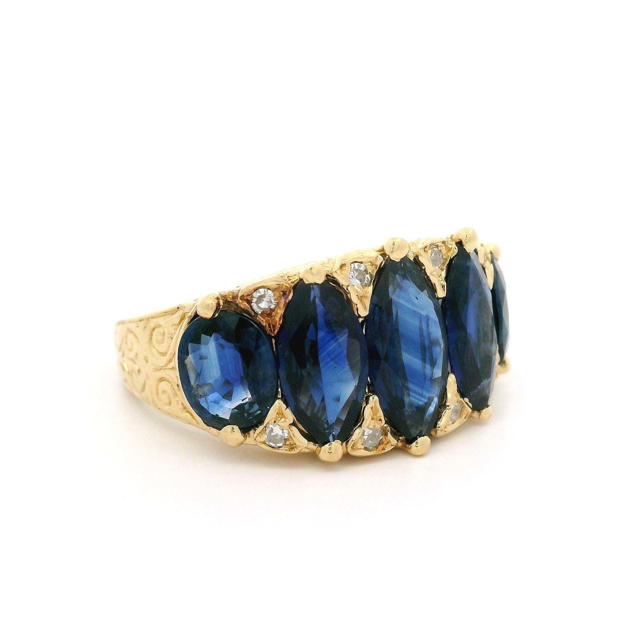 Marquise Cut Vintage 14k Yellow Gold GIA Marquise Oval Sapphire Diamond Scroll Work Band Ring For Sale