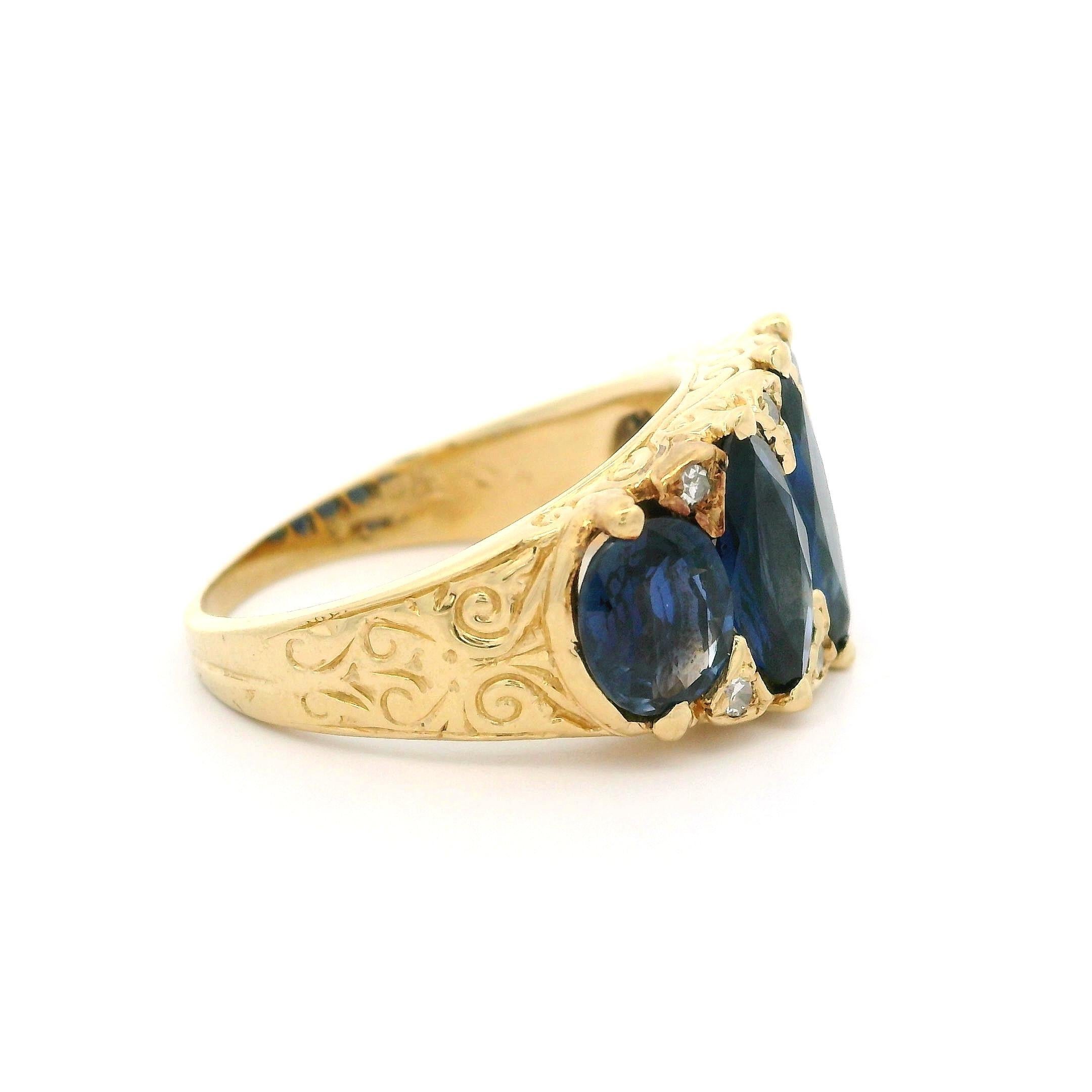 Vintage 14k Yellow Gold GIA Marquise Oval Sapphire Diamond Scroll Work Band Ring In Excellent Condition For Sale In Montclair, NJ