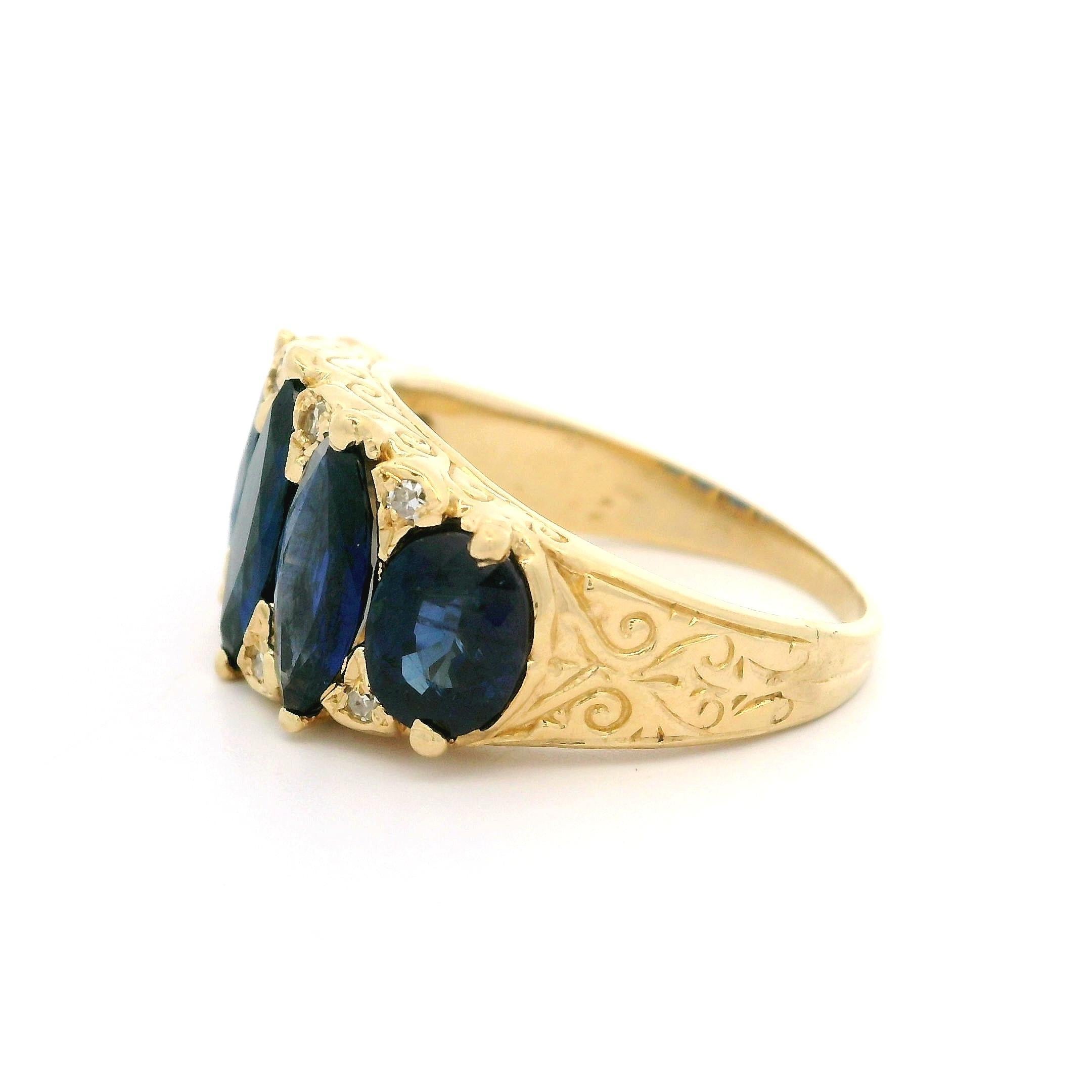 Women's Vintage 14k Yellow Gold GIA Marquise Oval Sapphire Diamond Scroll Work Band Ring For Sale