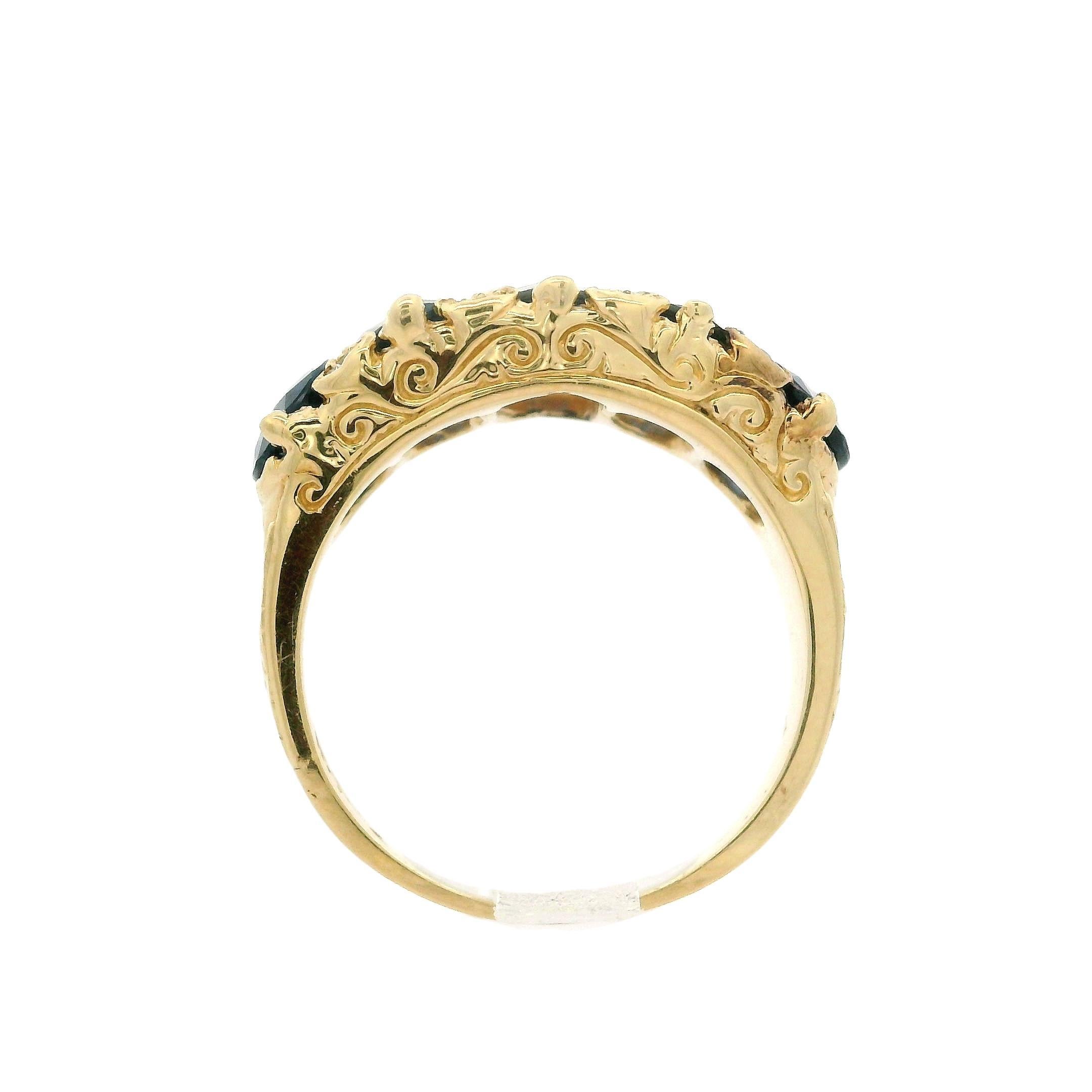 Vintage 14k Yellow Gold GIA Marquise Oval Sapphire Diamond Scroll Work Band Ring For Sale 1