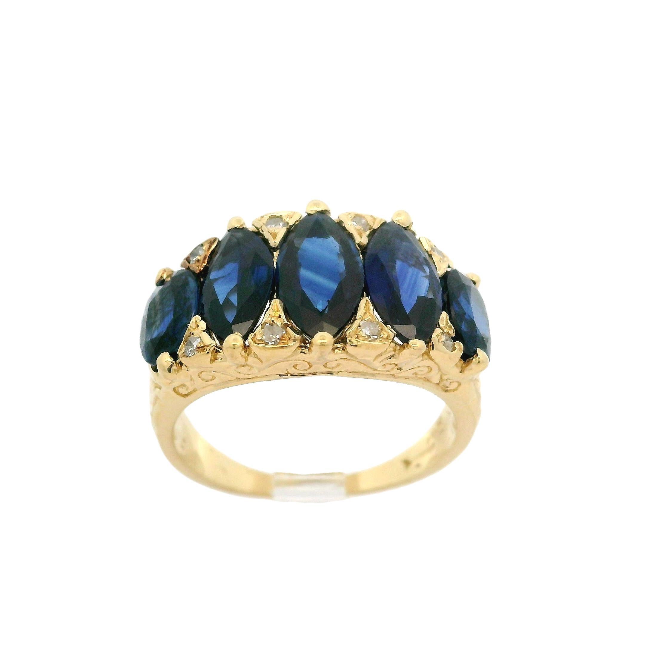 Vintage 14k Yellow Gold GIA Marquise Oval Sapphire Diamond Scroll Work Band Ring For Sale 2