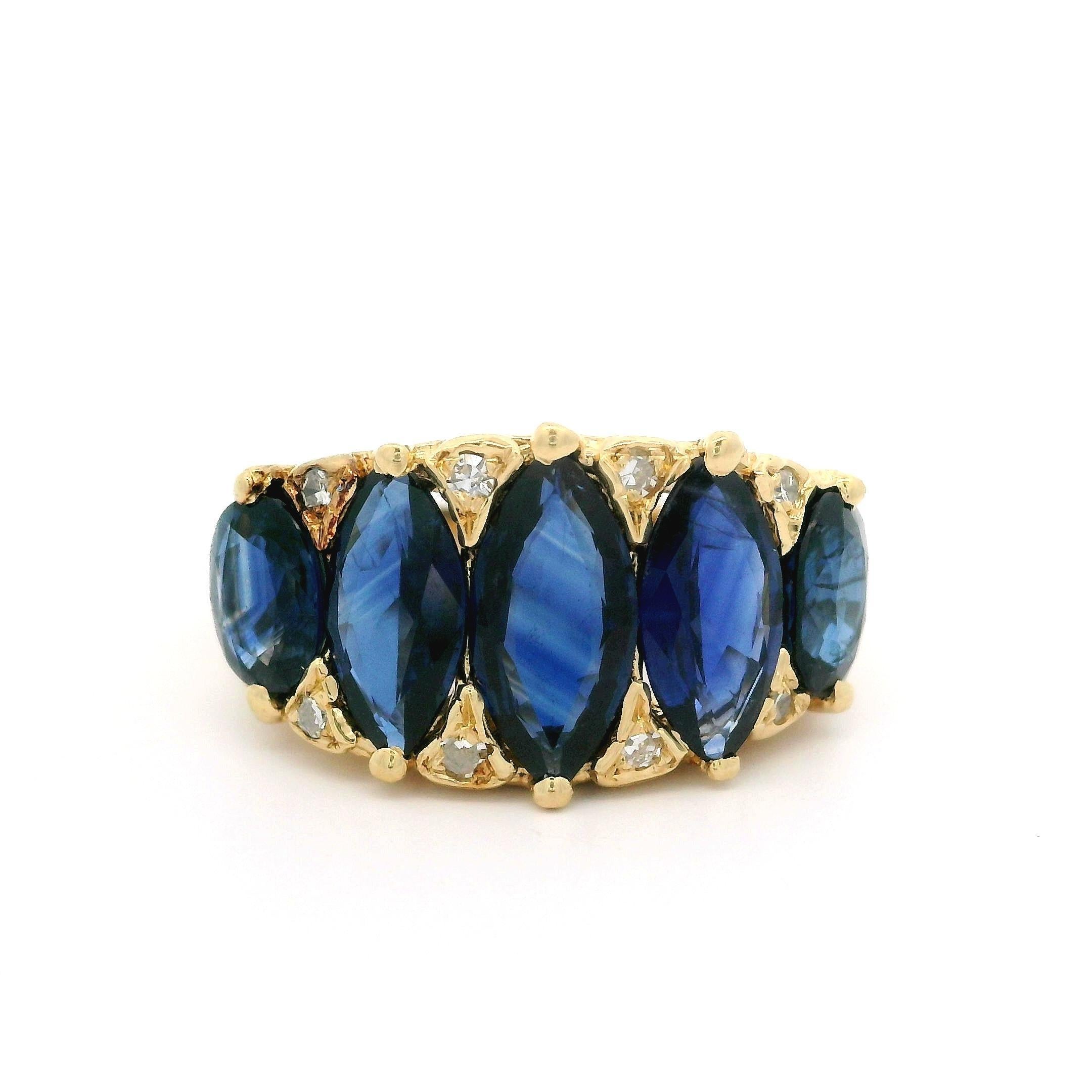 Vintage 14k Yellow Gold GIA Marquise Oval Sapphire Diamond Scroll Work Band Ring For Sale 4