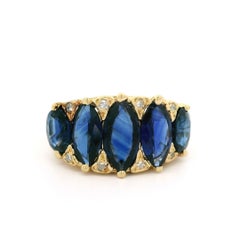 Vintage 14k Yellow Gold GIA Marquise Oval Sapphire Diamond Scroll Work Band Ring