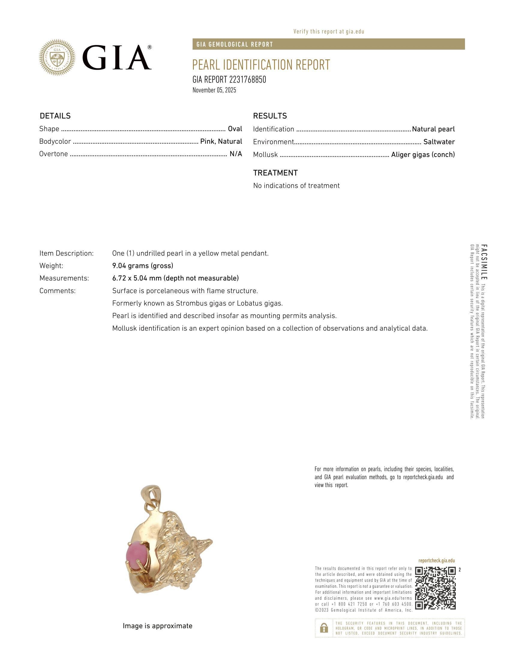 Ciondolo con conchiglia di conchiglia rosa naturale in oro giallo 14k GIA d'epoca in vendita 3