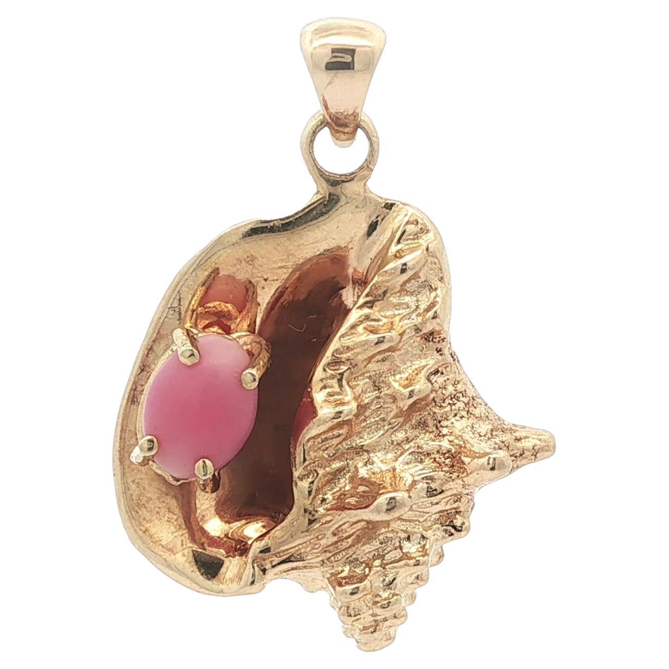 Ciondolo con conchiglia di conchiglia rosa naturale in oro giallo 14k GIA d
epoca