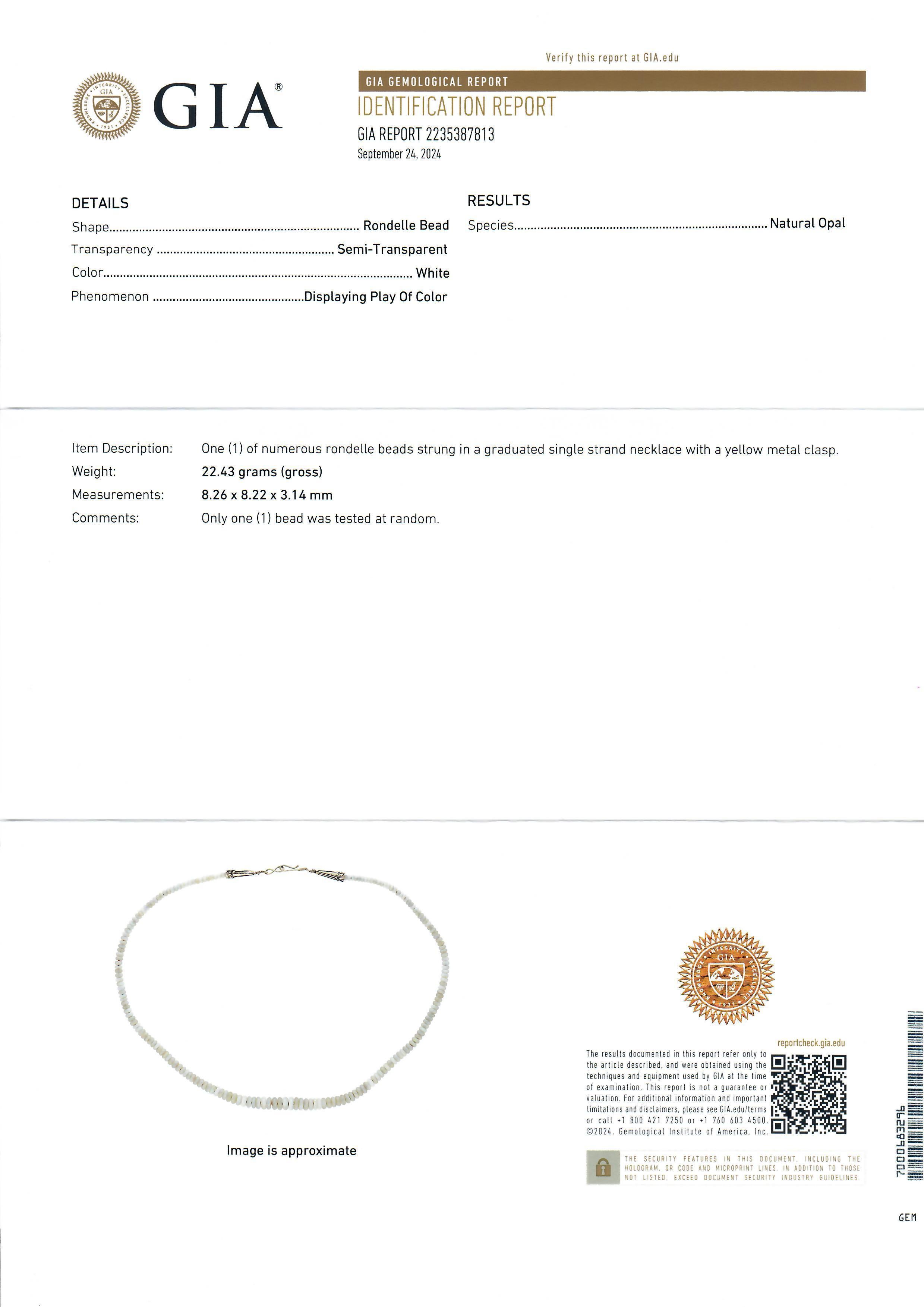 Collana d'epoca in oro giallo 14k con perline opali GIA a forma di rondelle, graduate, da 22