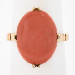 Vintage 14k Yellow Gold GIA Oval Cabochon Salmon Orange Coral Solitaire Ring
