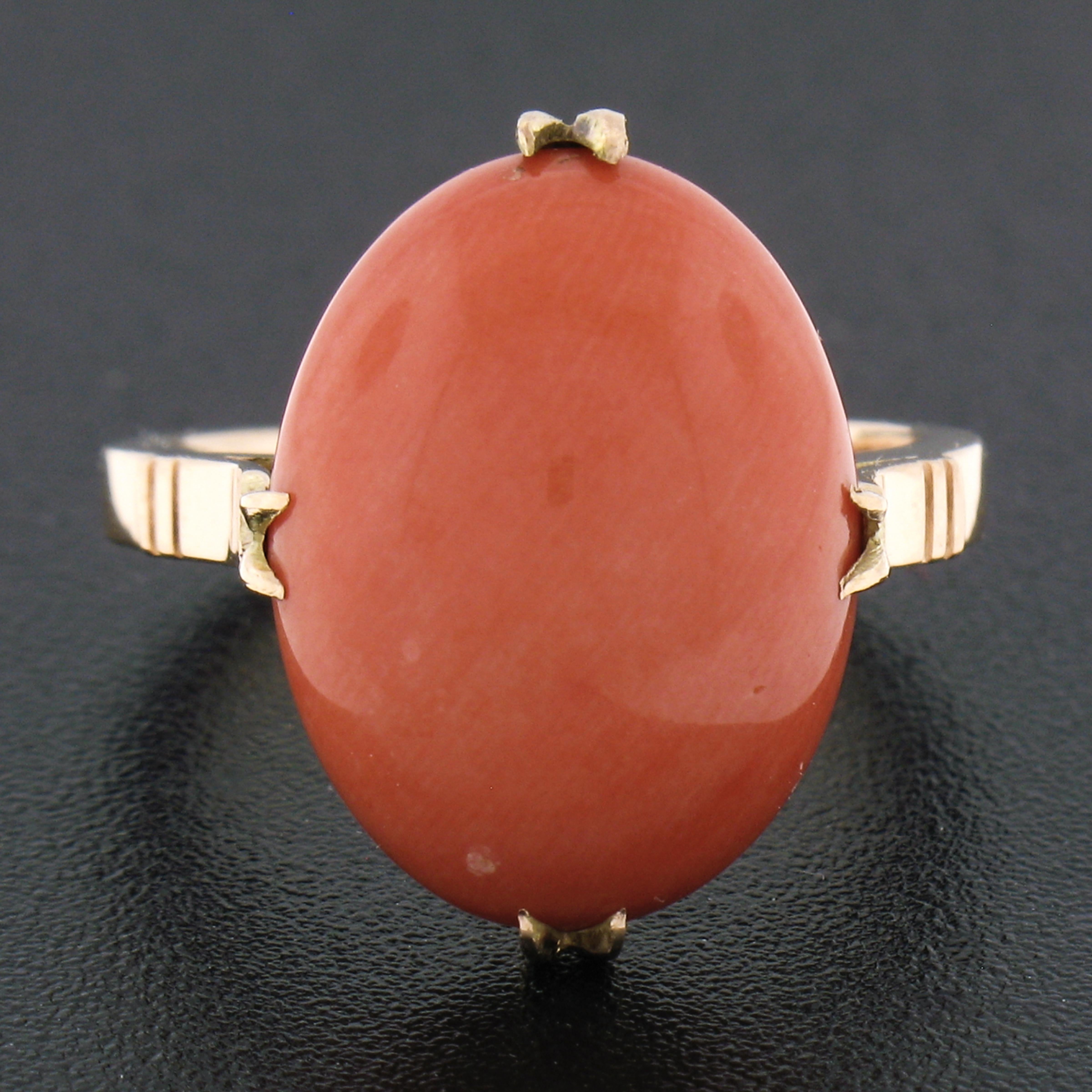 Retro Vintage 14k Yellow Gold GIA Oval Cabochon Salmon Orange Coral Solitaire Ring For Sale