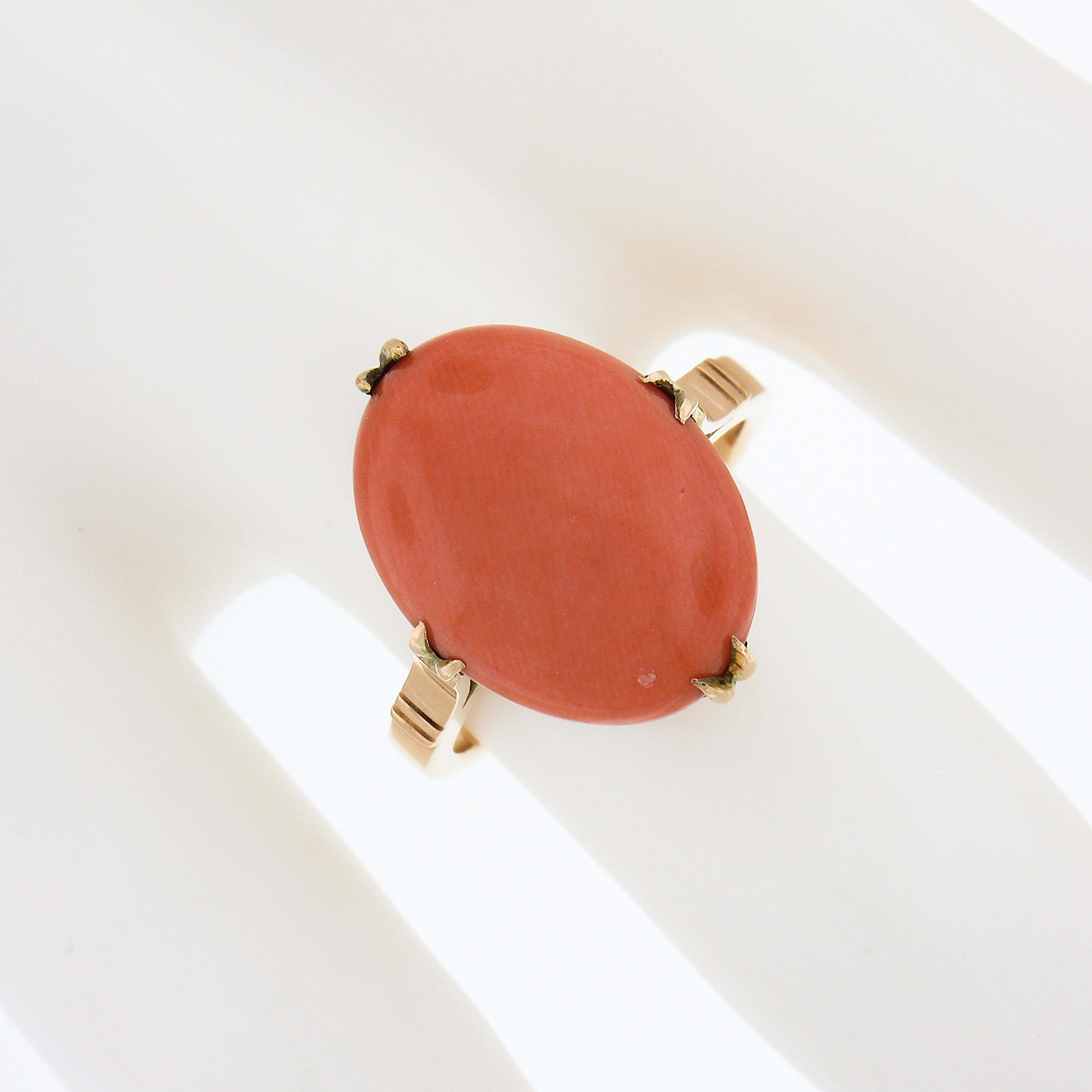 Oval Cut Vintage 14k Yellow Gold GIA Oval Cabochon Salmon Orange Coral Solitaire Ring For Sale