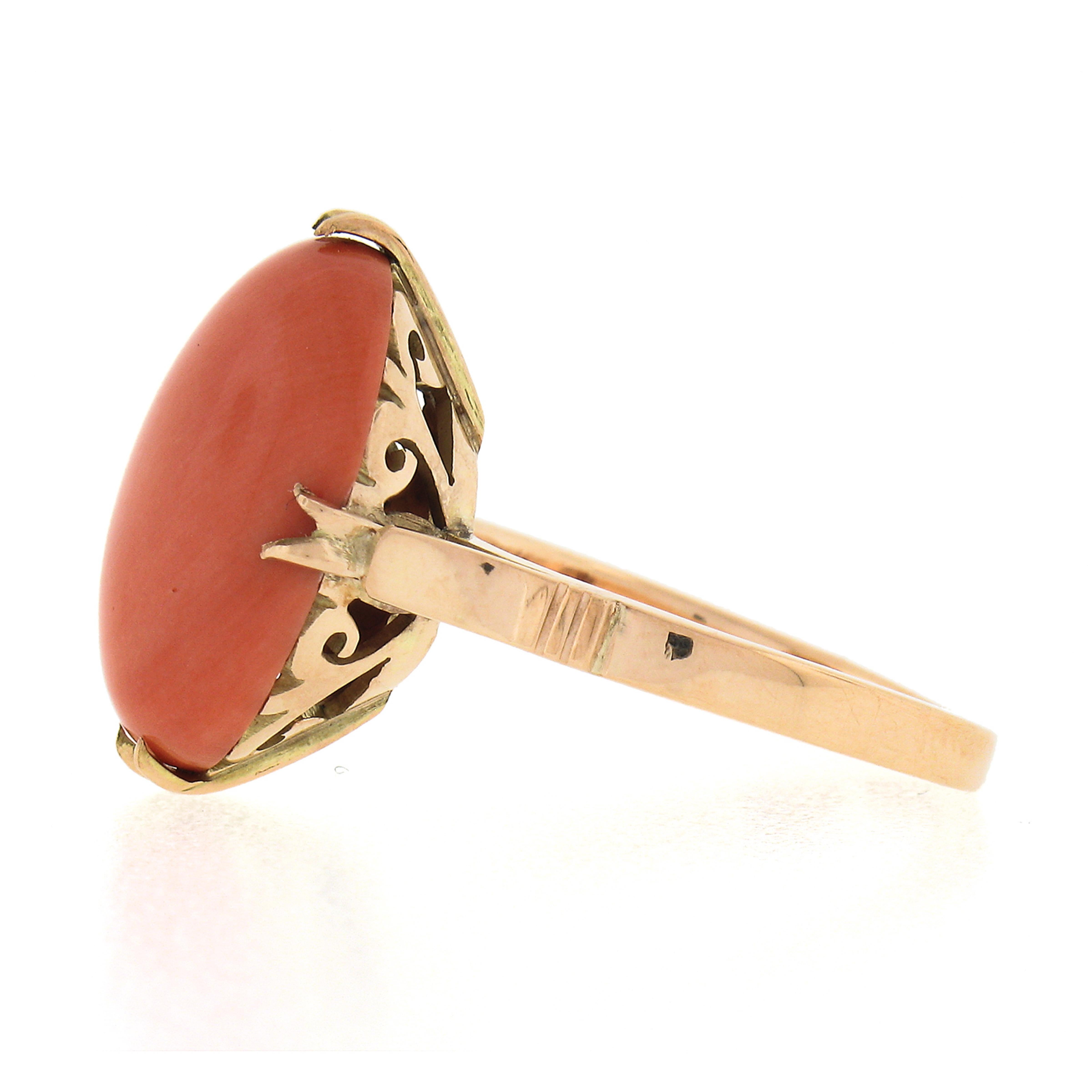 Women's Vintage 14k Yellow Gold GIA Oval Cabochon Salmon Orange Coral Solitaire Ring For Sale