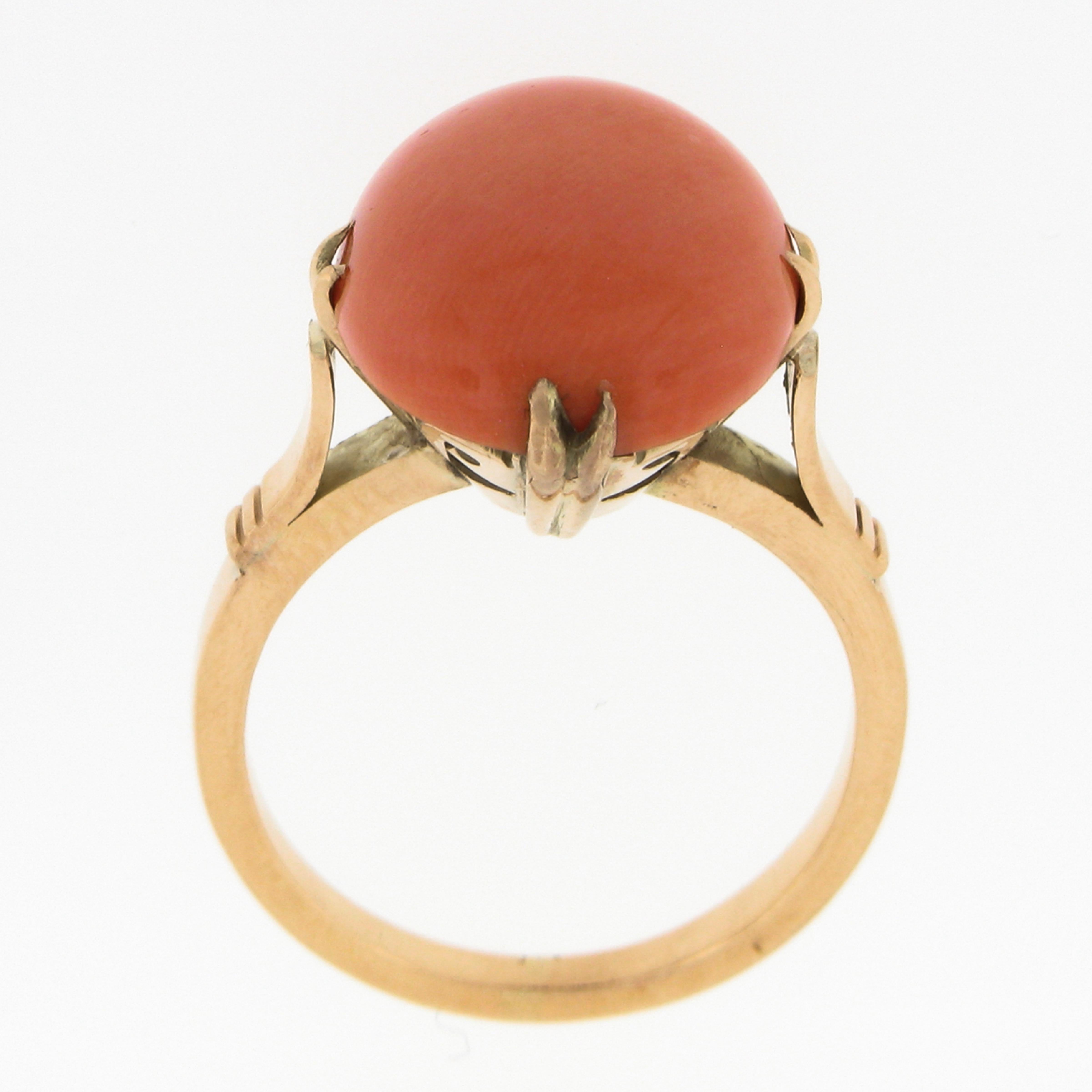 Vintage 14k Yellow Gold GIA Oval Cabochon Salmon Orange Coral Solitaire Ring For Sale 2