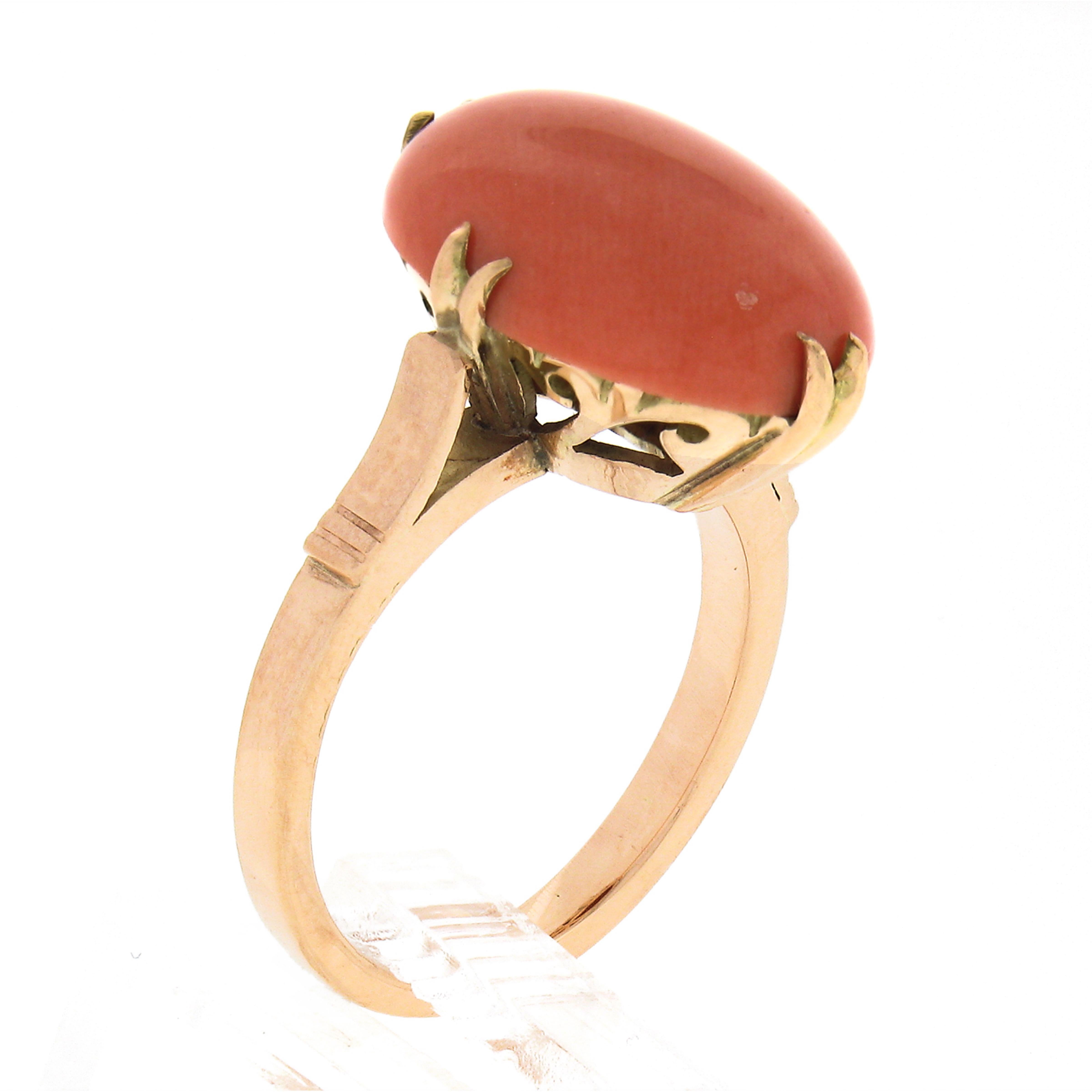 Vintage 14k Yellow Gold GIA Oval Cabochon Salmon Orange Coral Solitaire Ring For Sale 3