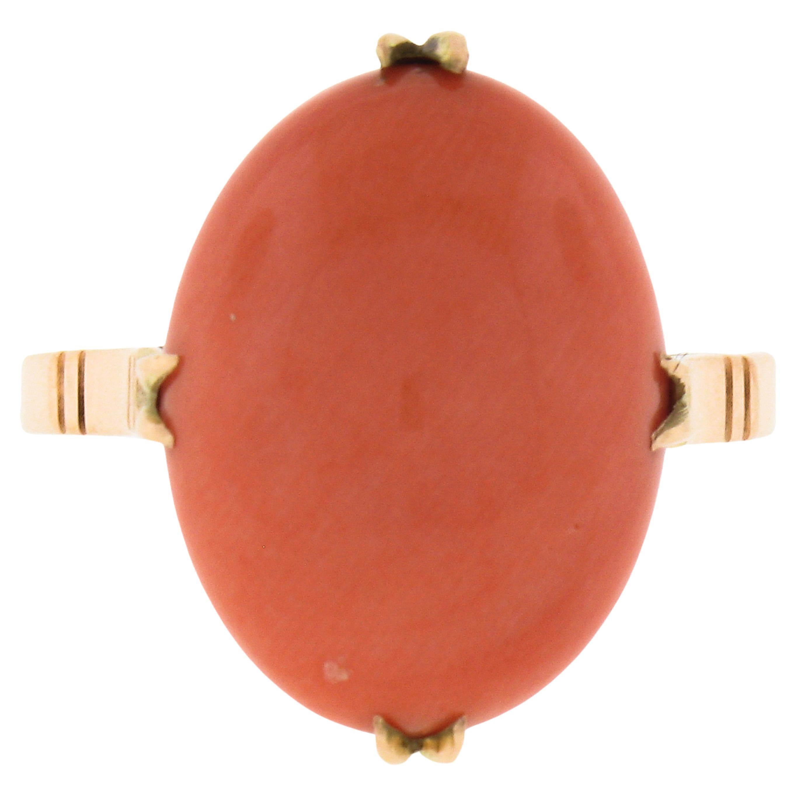 Vintage 14k Yellow Gold GIA Oval Cabochon Salmon Orange Coral Solitaire Ring For Sale