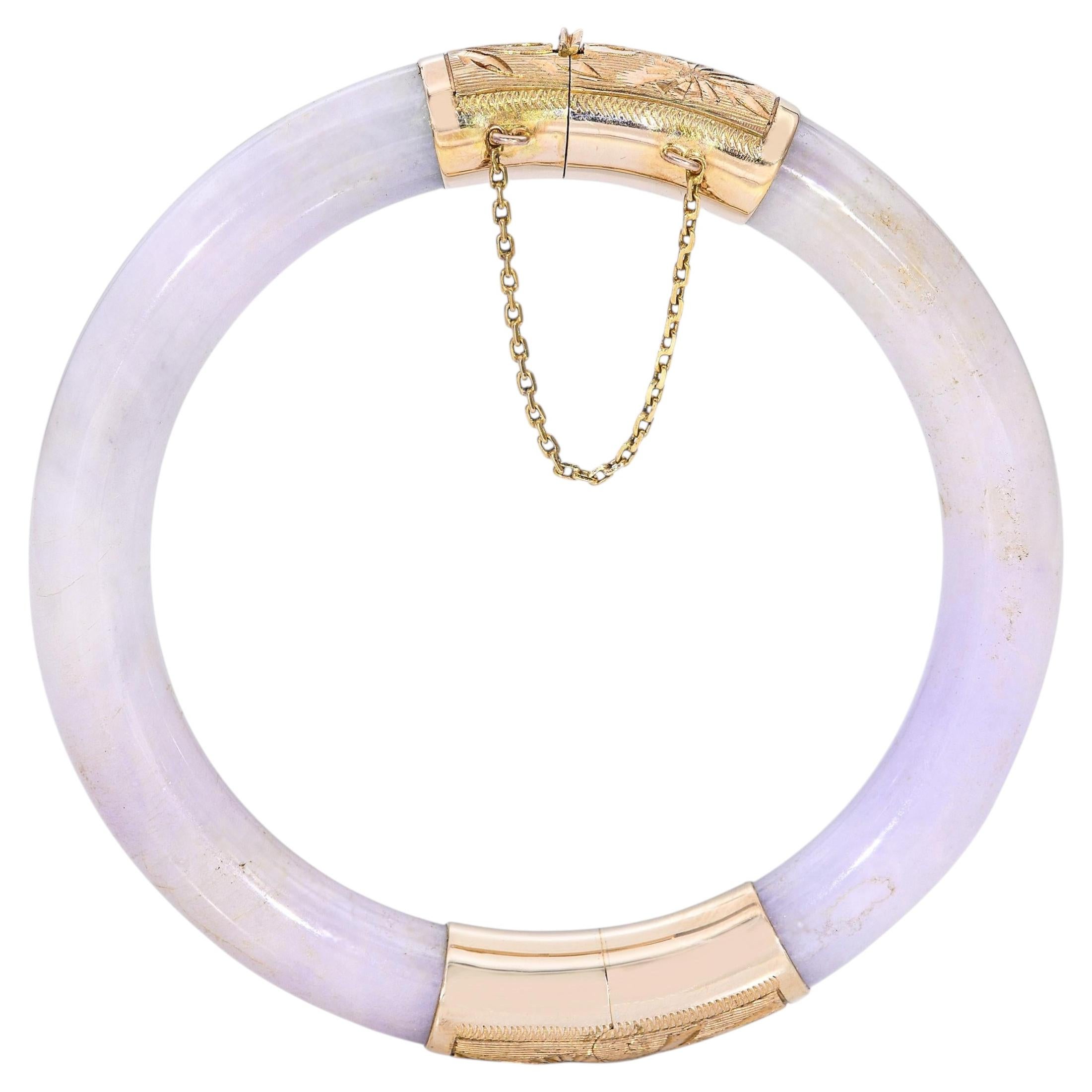 Vintage 14k Gelbgold GIA Typ A Lavendel Jadeit Jade Scharnier Armreif Armband