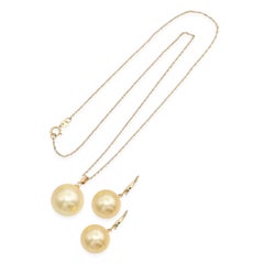 Vintage 14k Yellow Gold Golden Pearl Necklace & Drop Earring Set