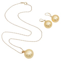 Vintage 14k Yellow Gold Golden Pearl Necklace & Drop Earring Set