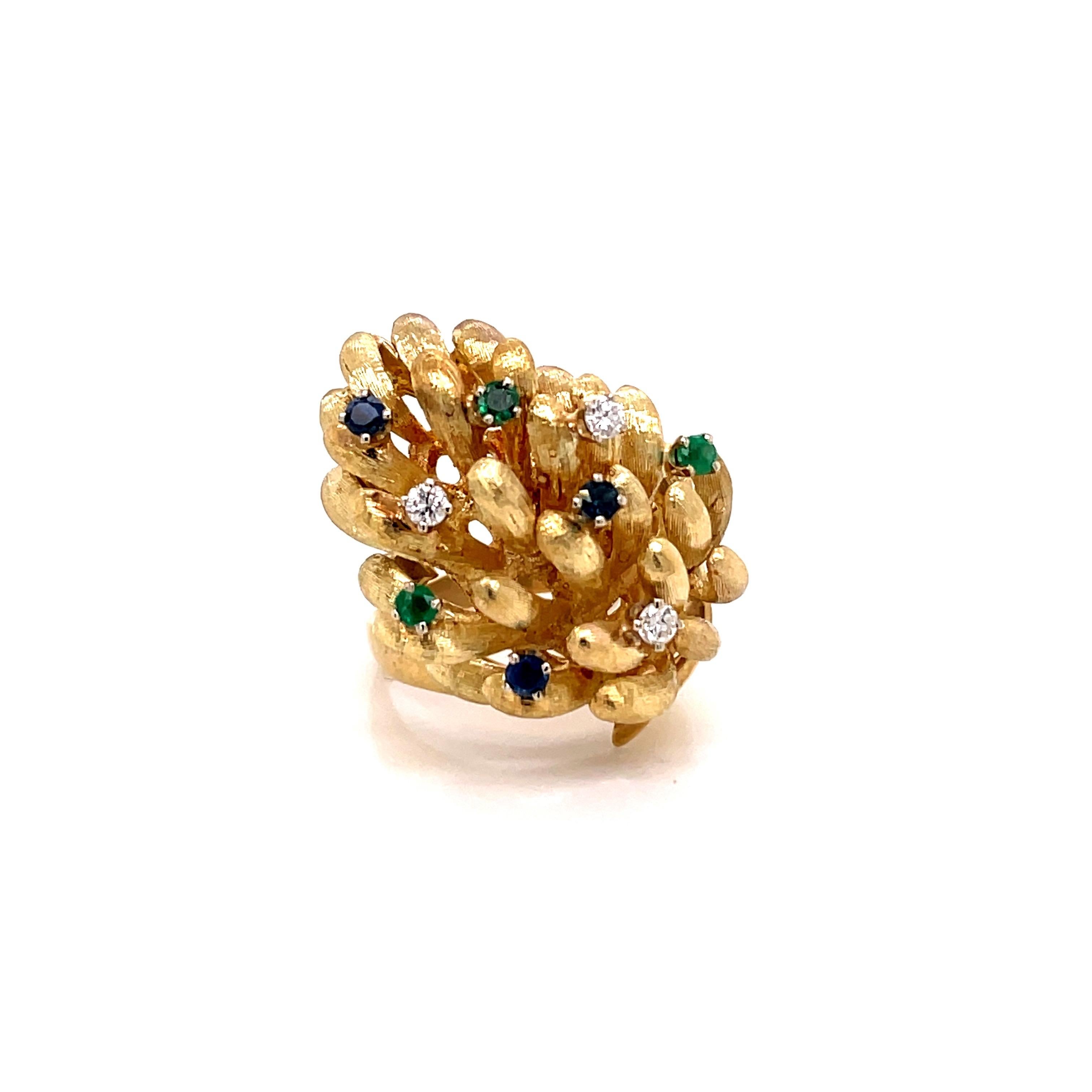 Vintage 14K Yellow Gold Grape Bunch Ring with Diamonds, Emeralds and Sapphires - The ring contains 3 round brilliant diamonds weighing approximately .15ct with G color and VS2 clarity. The 3 round sapphires and 3 round emeralds have very fine color