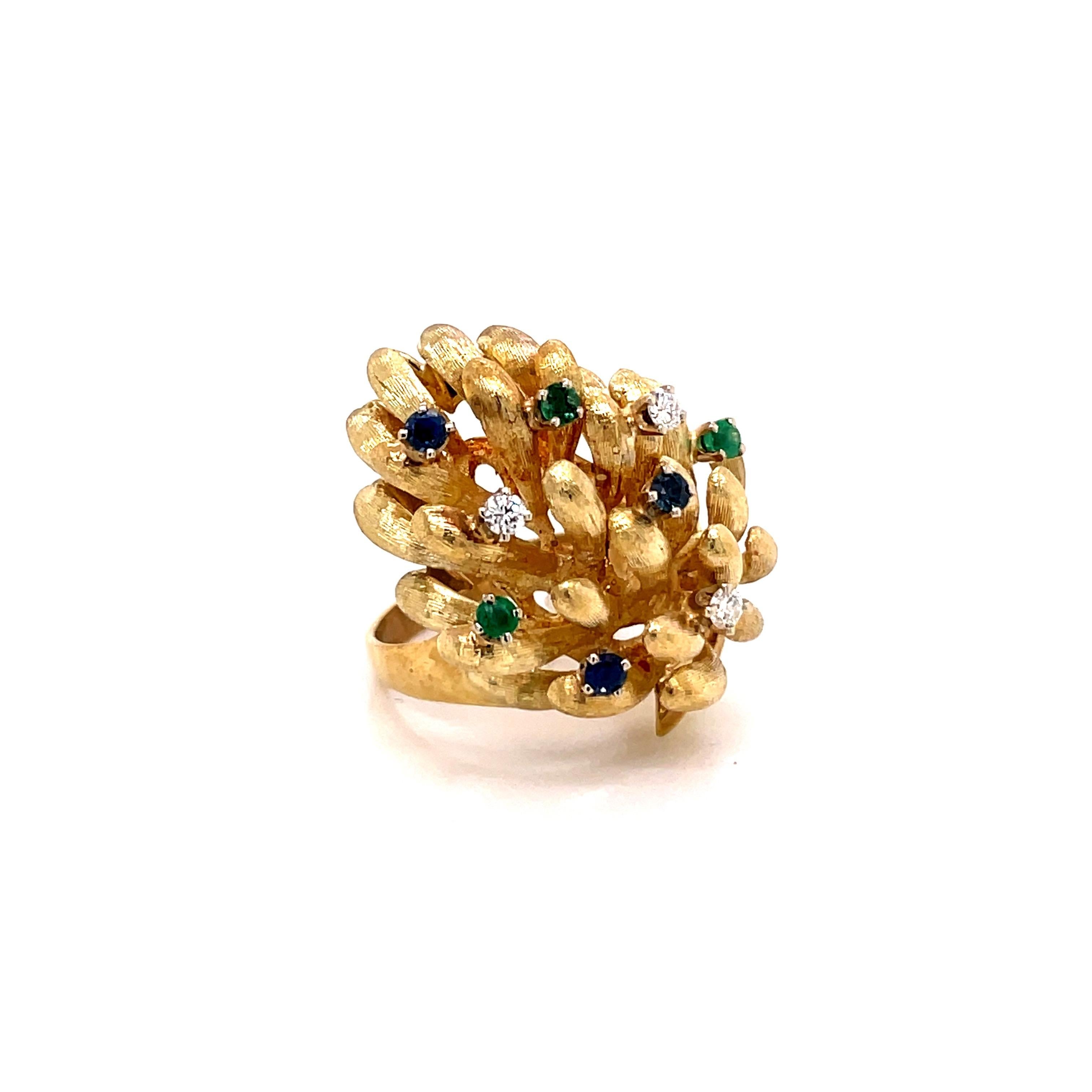 Contemporary Vintage 14K Yellow Gold Grape Bunch Ring with Diamonds, Emeralds and Sapphires For Sale
