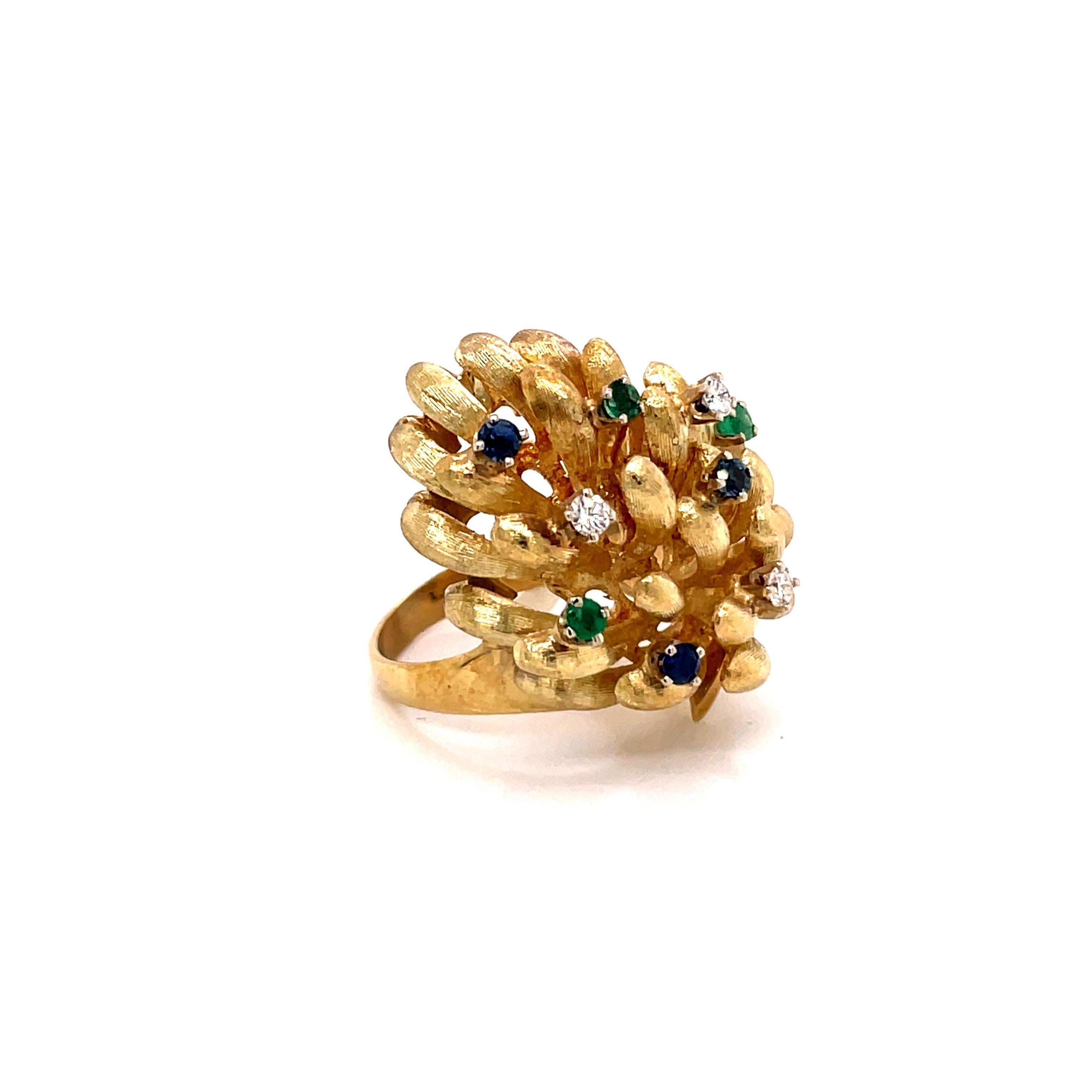 Round Cut Vintage 14K Yellow Gold Grape Bunch Ring with Diamonds, Emeralds and Sapphires For Sale