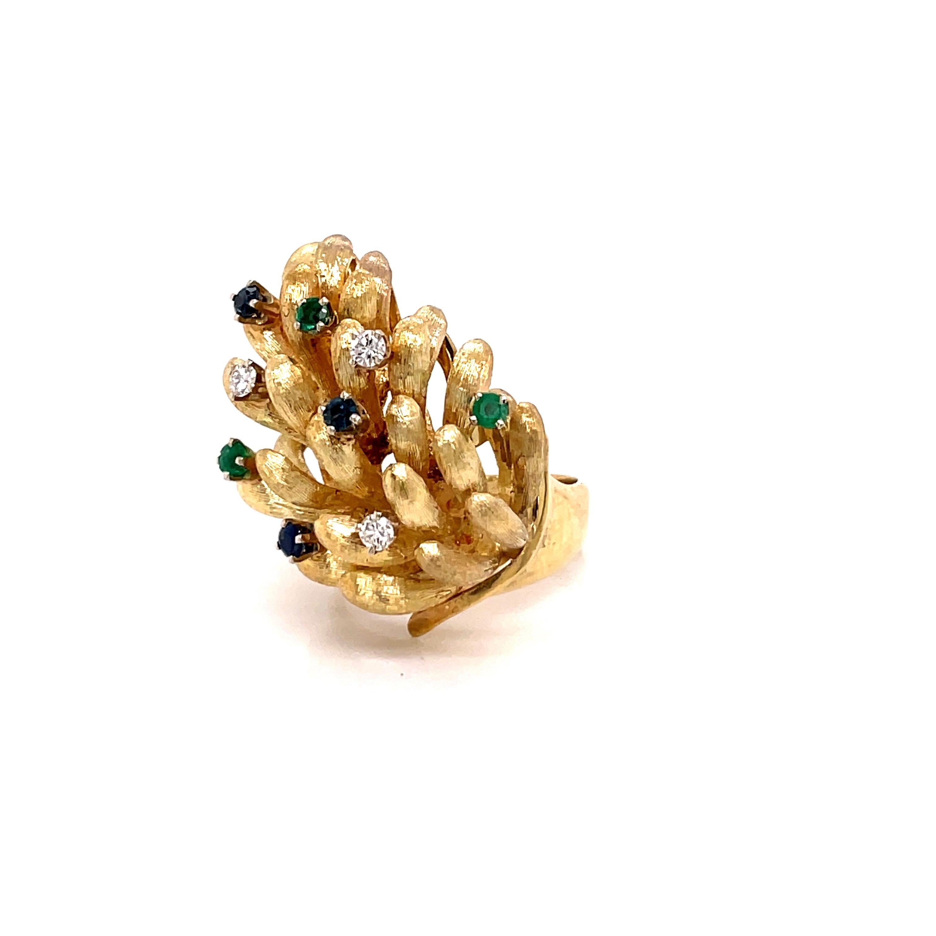 Women's Vintage 14K Yellow Gold Grape Bunch Ring with Diamonds, Emeralds and Sapphires For Sale
