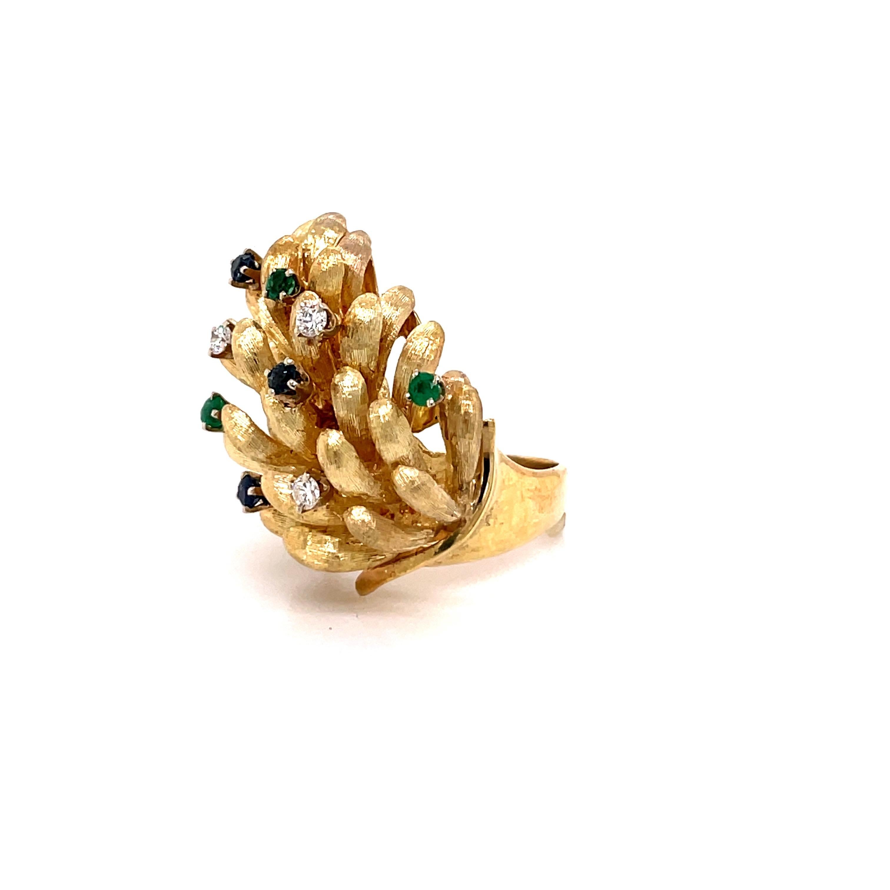 Vintage 14K Yellow Gold Grape Bunch Ring with Diamonds, Emeralds and Sapphires For Sale 1