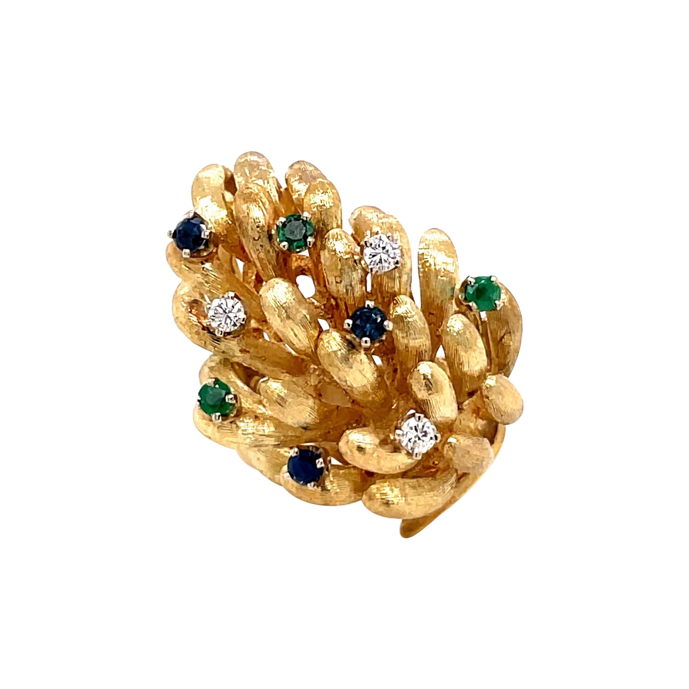 Anello vintage a grappolo d'uva in oro giallo 14K con diamanti, smeraldi e zaffiri in vendita
